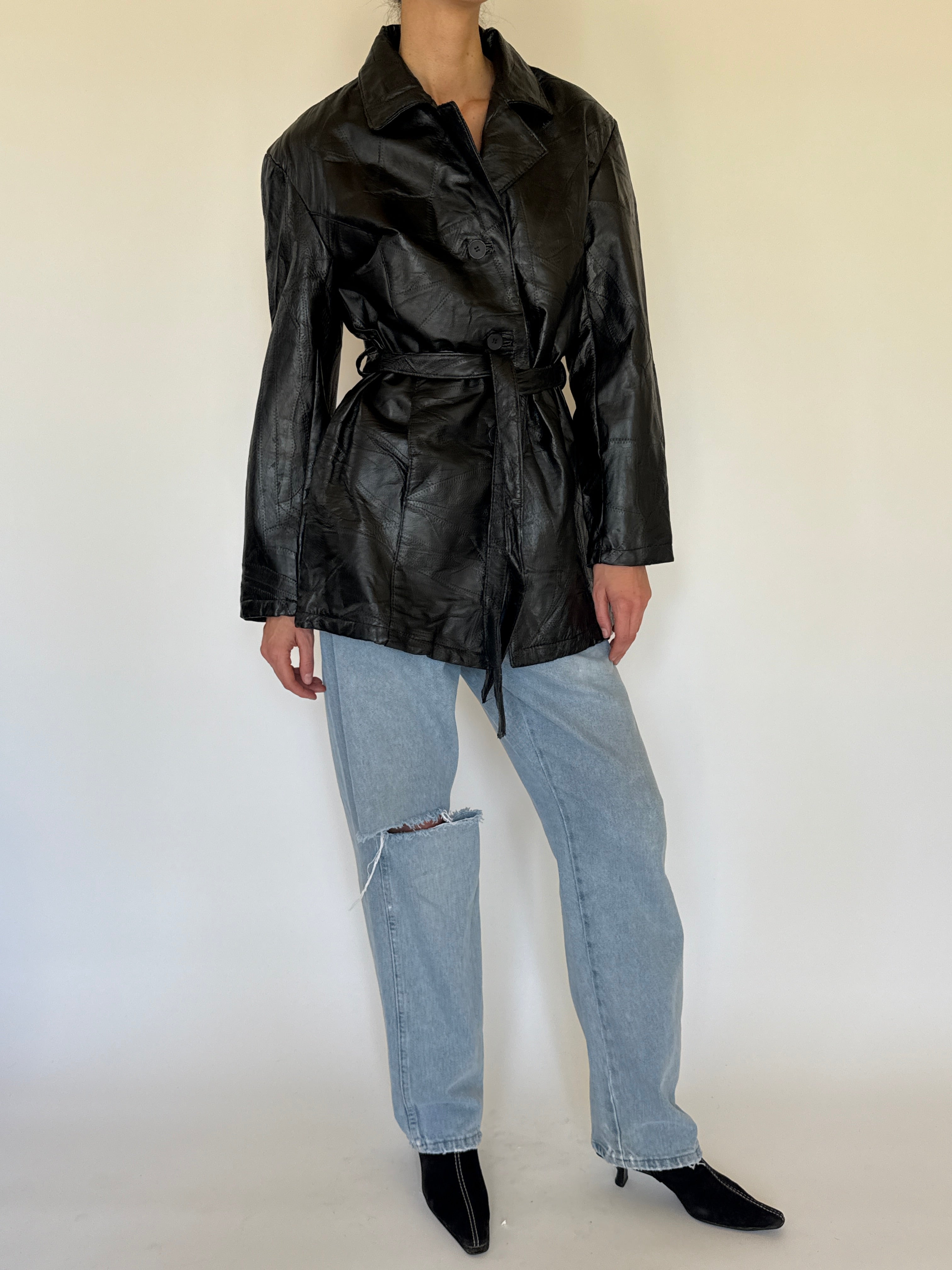 Vintage patchwork leather belted jacket black waist tie detail