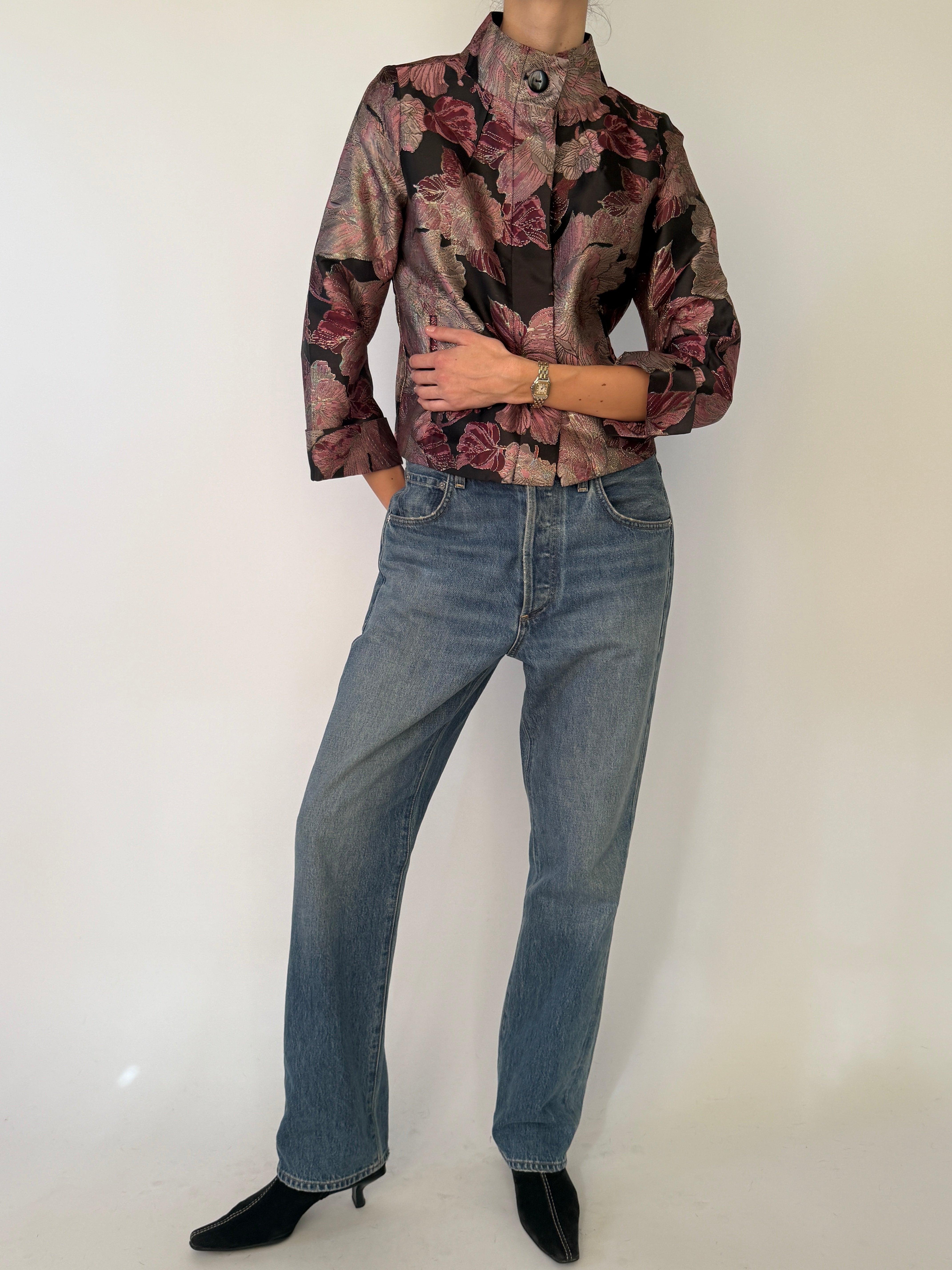 Vintage floral brocade jacket front view