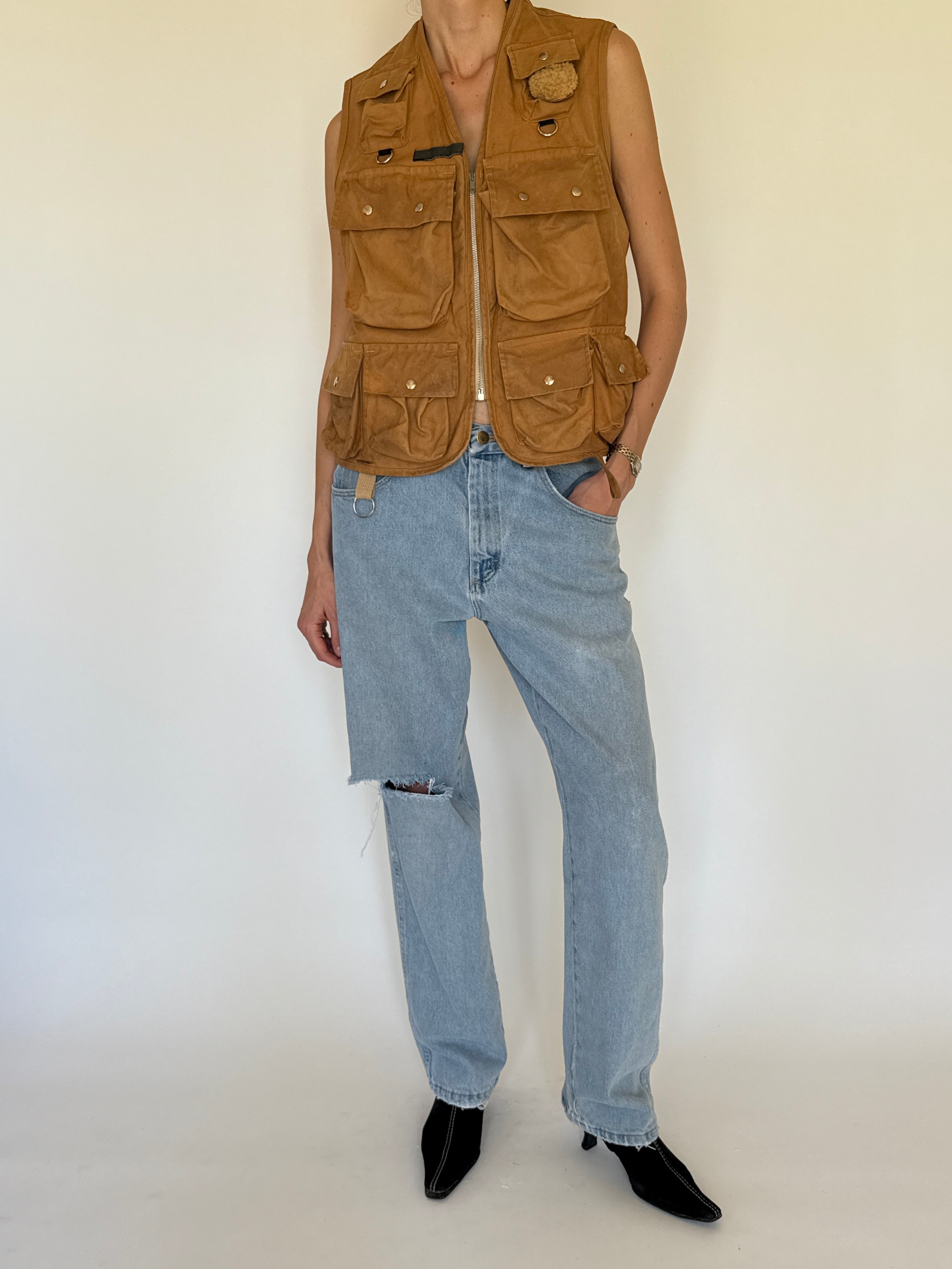 Vintage camel suede utility vest front view