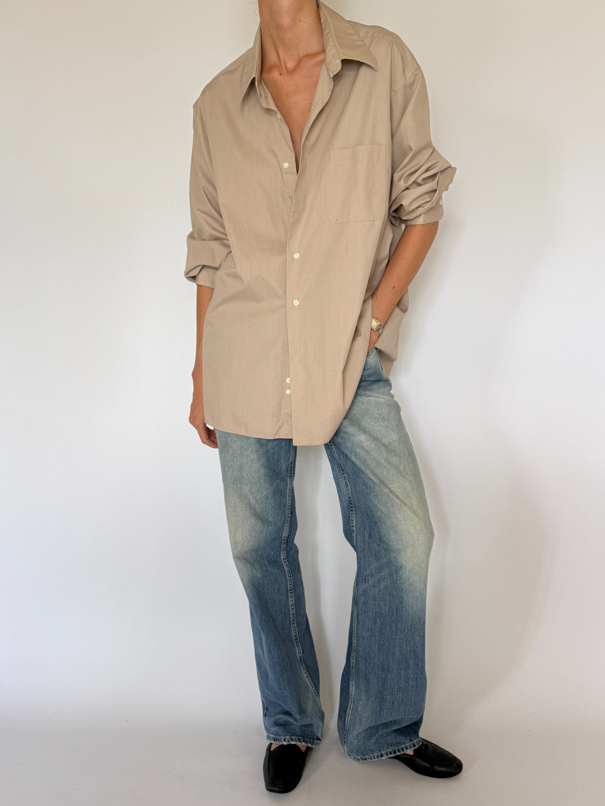 Vintage oversized cotton blend button-up shirt taupe front view