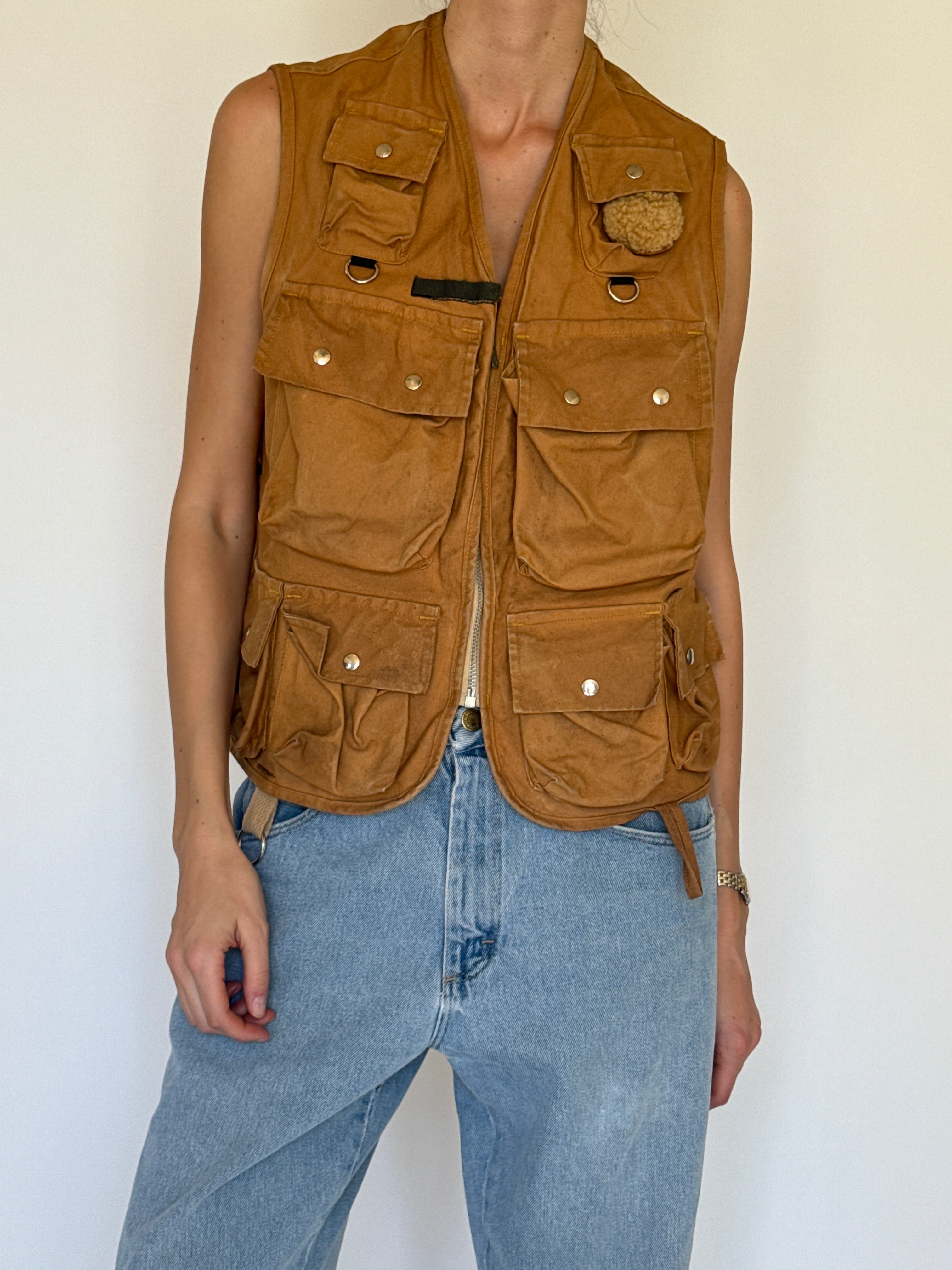 Vintage camel suede vest D-ring hardware detail