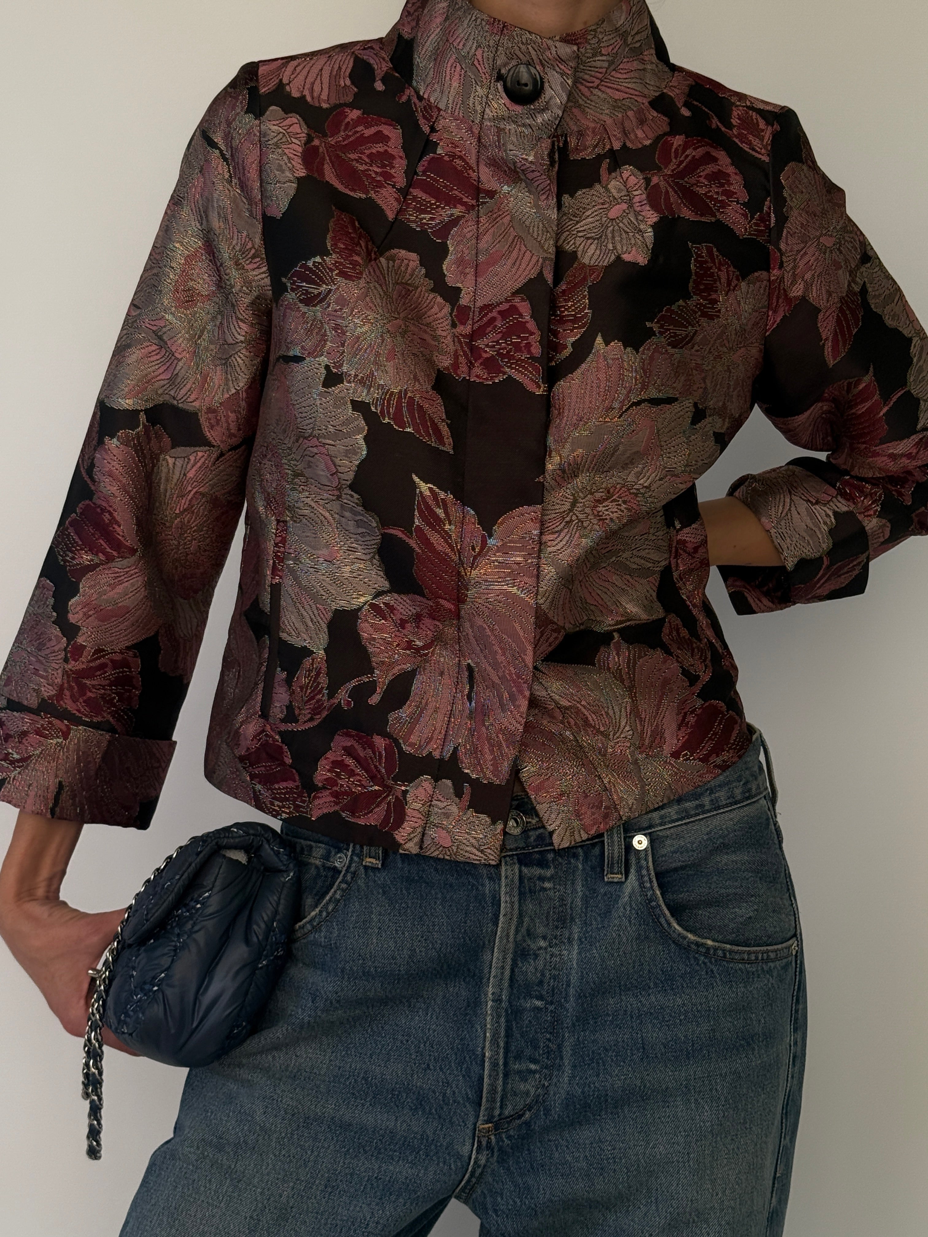 Vintage floral brocade jacket front view