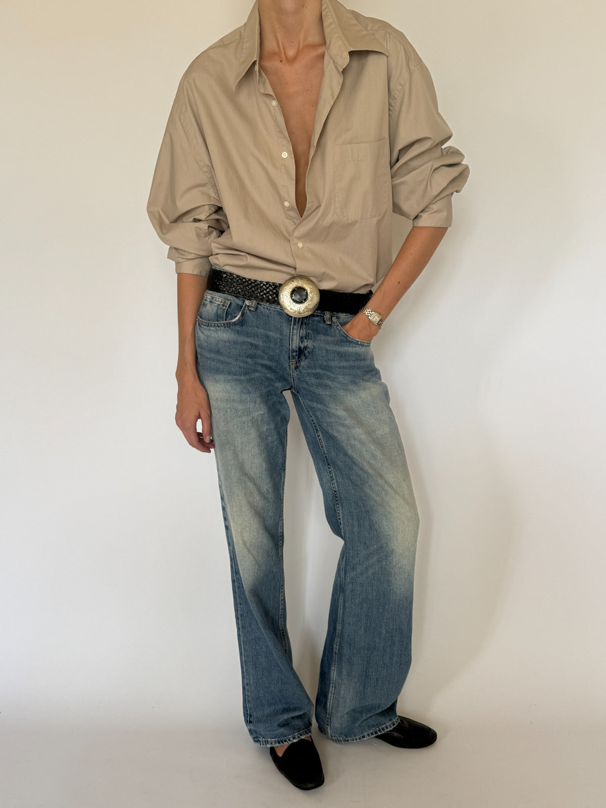 Vintage oversized cotton blend shirt taupe styled front view