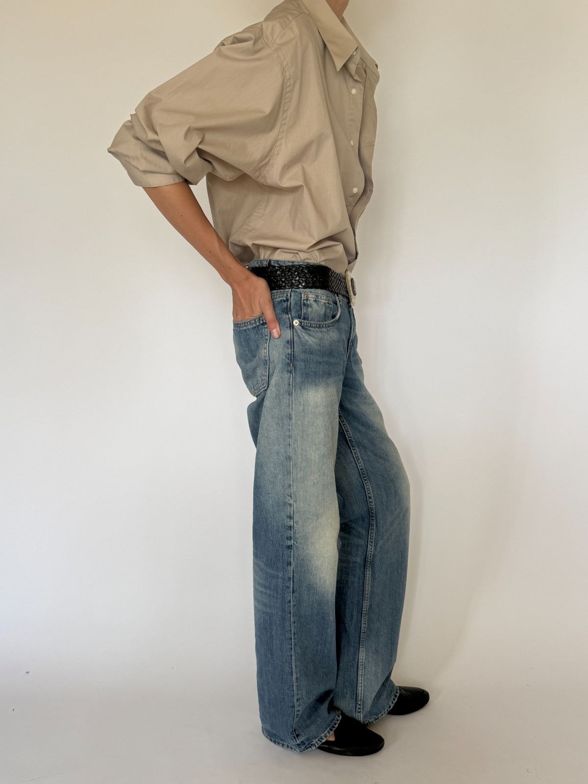Vintage oversized cotton blend shirt taupe side detail