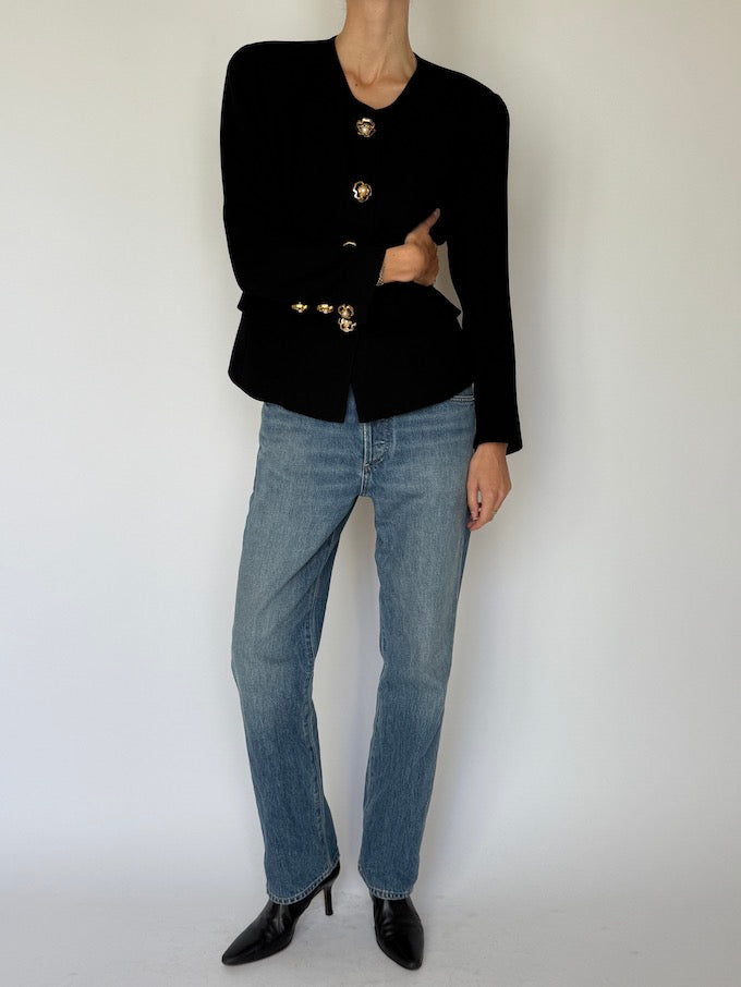 Vintage Black Blazer with Gold Statement Buttons 6610