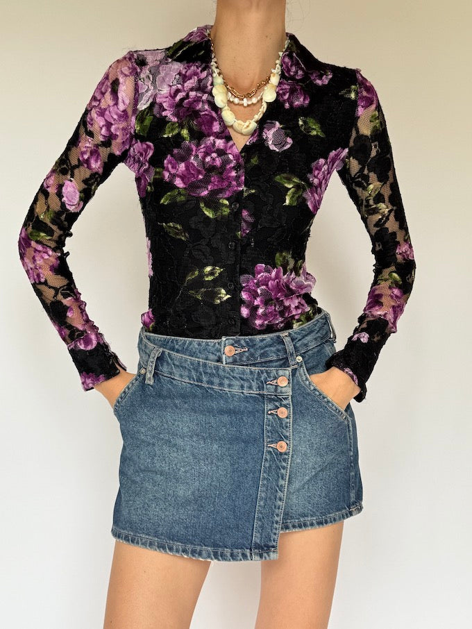 Vintage Sheer Lace Floral Blouse 6196