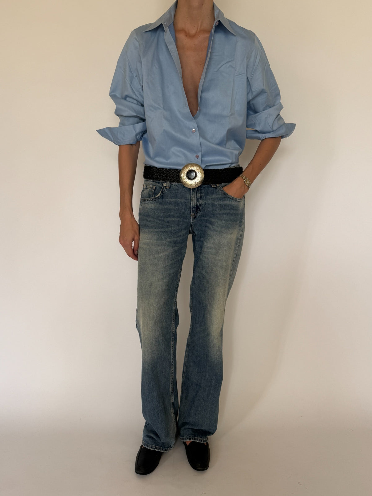 Vintage light blue button-up shirt full-length styled view