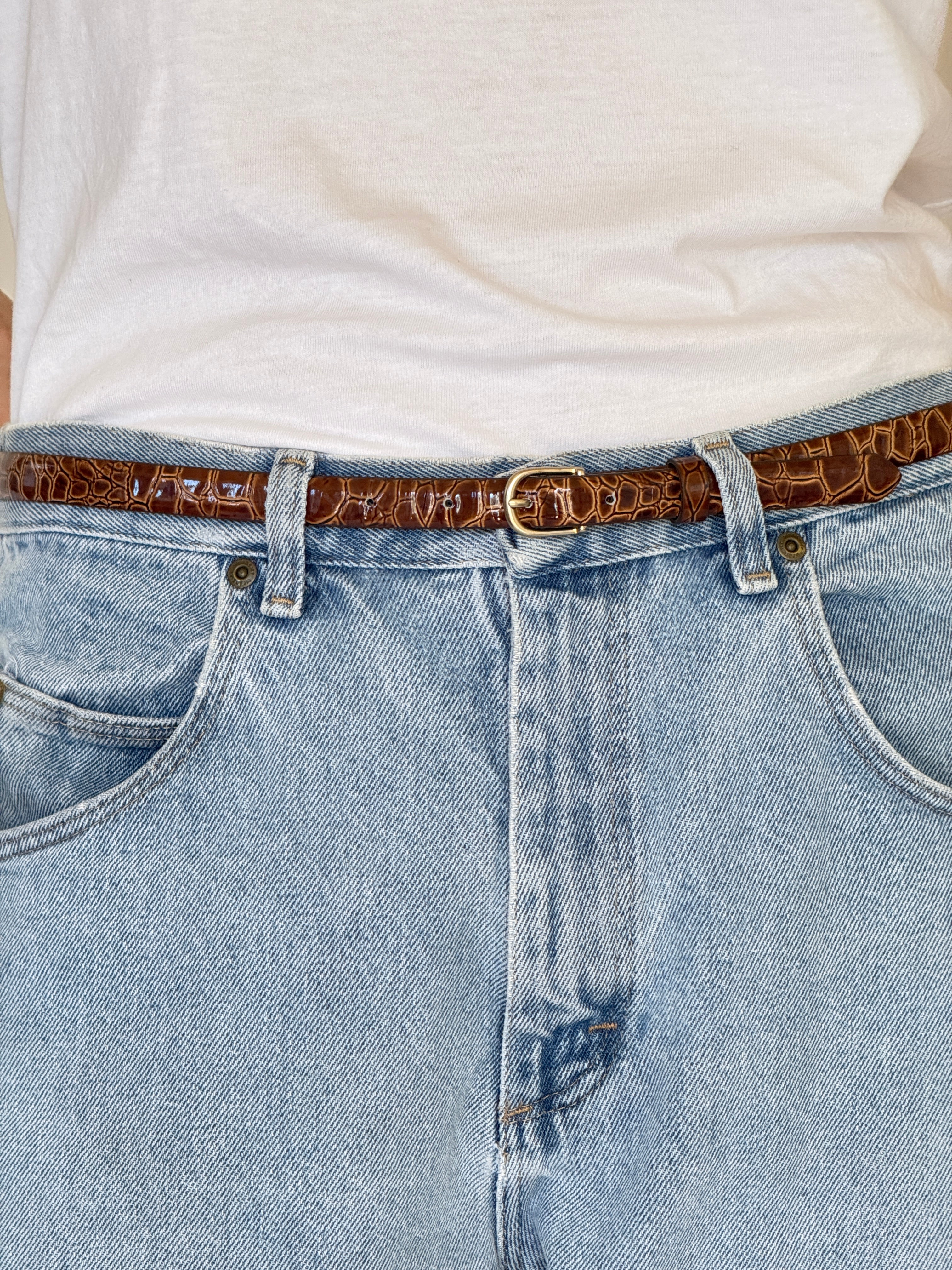 Vintage Snake-Embossed Faux Leather Belt Brown