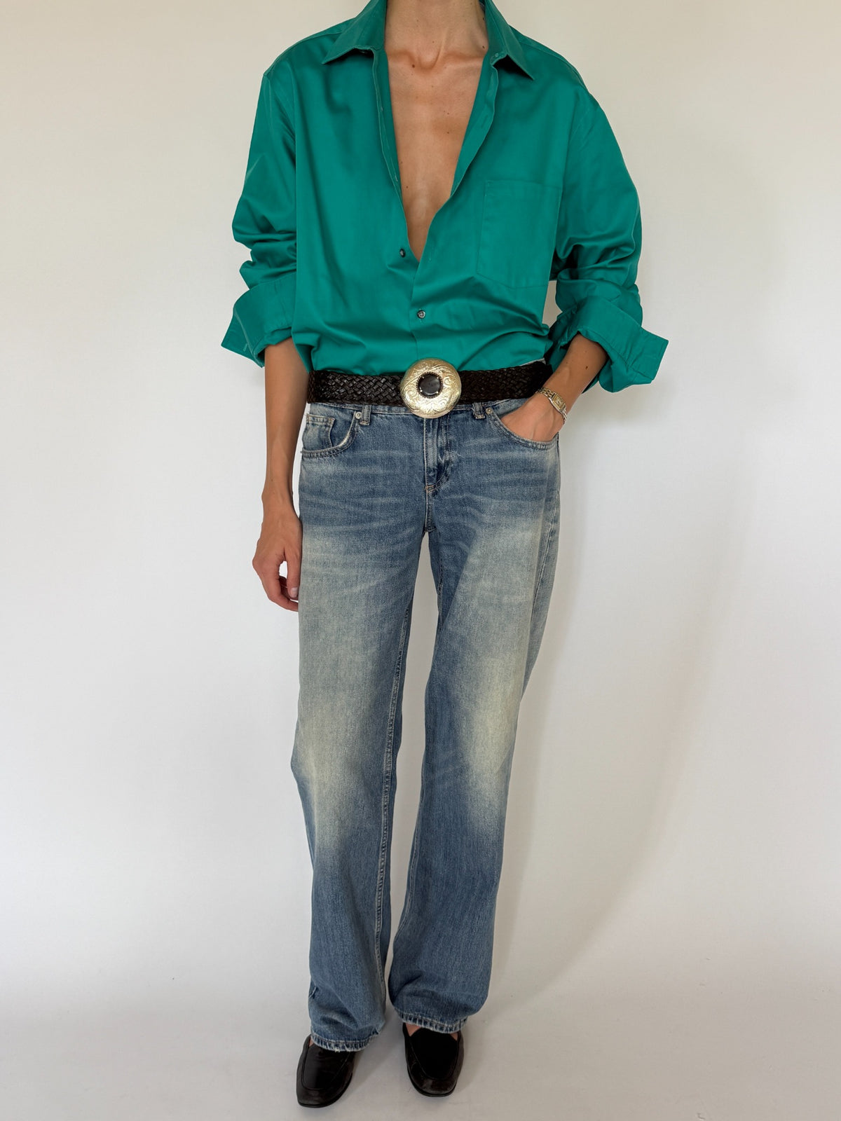 Vintage teal cotton blend button-up shirt full front view