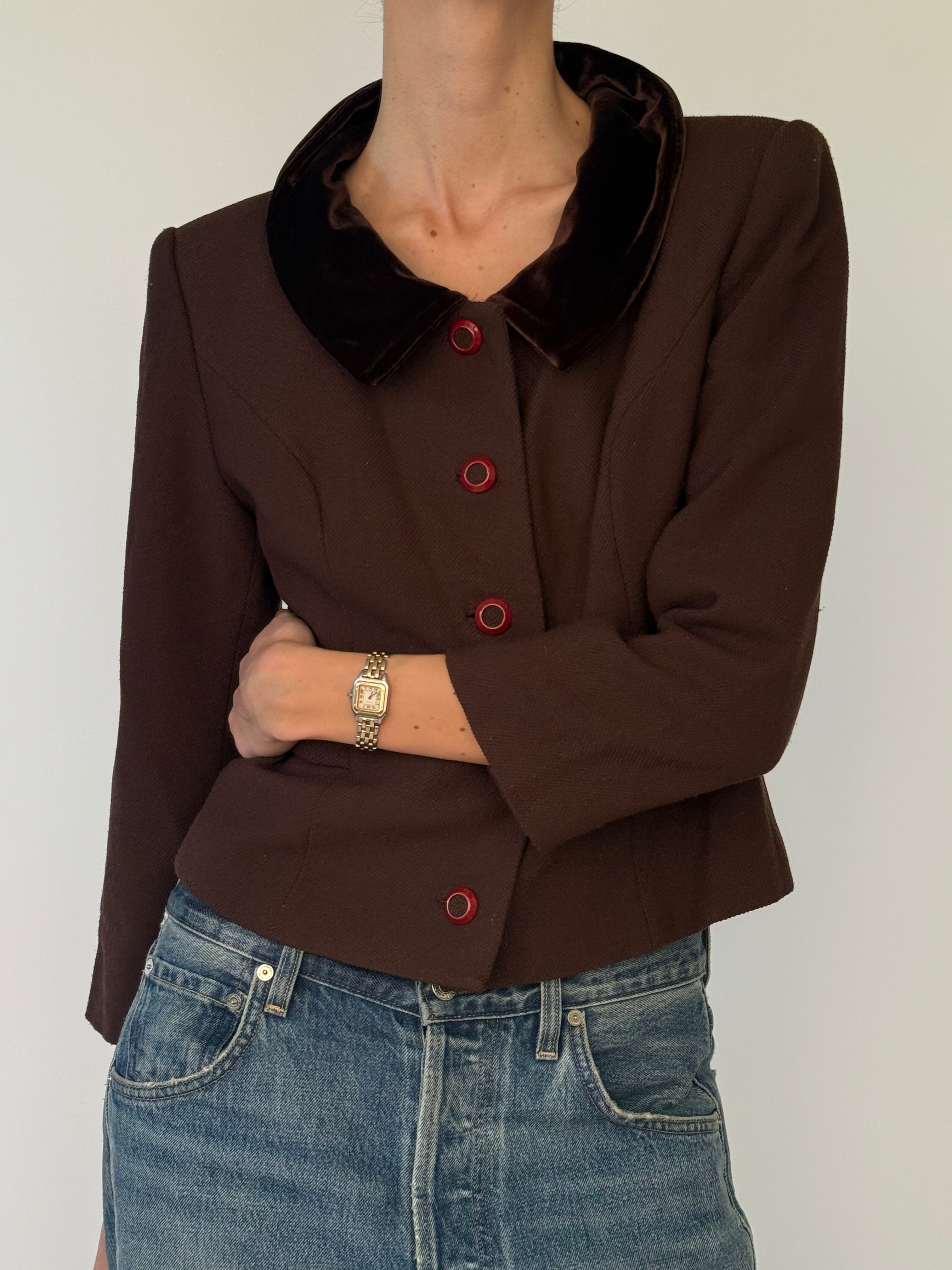 Vintage brown velvet collar blazer front view