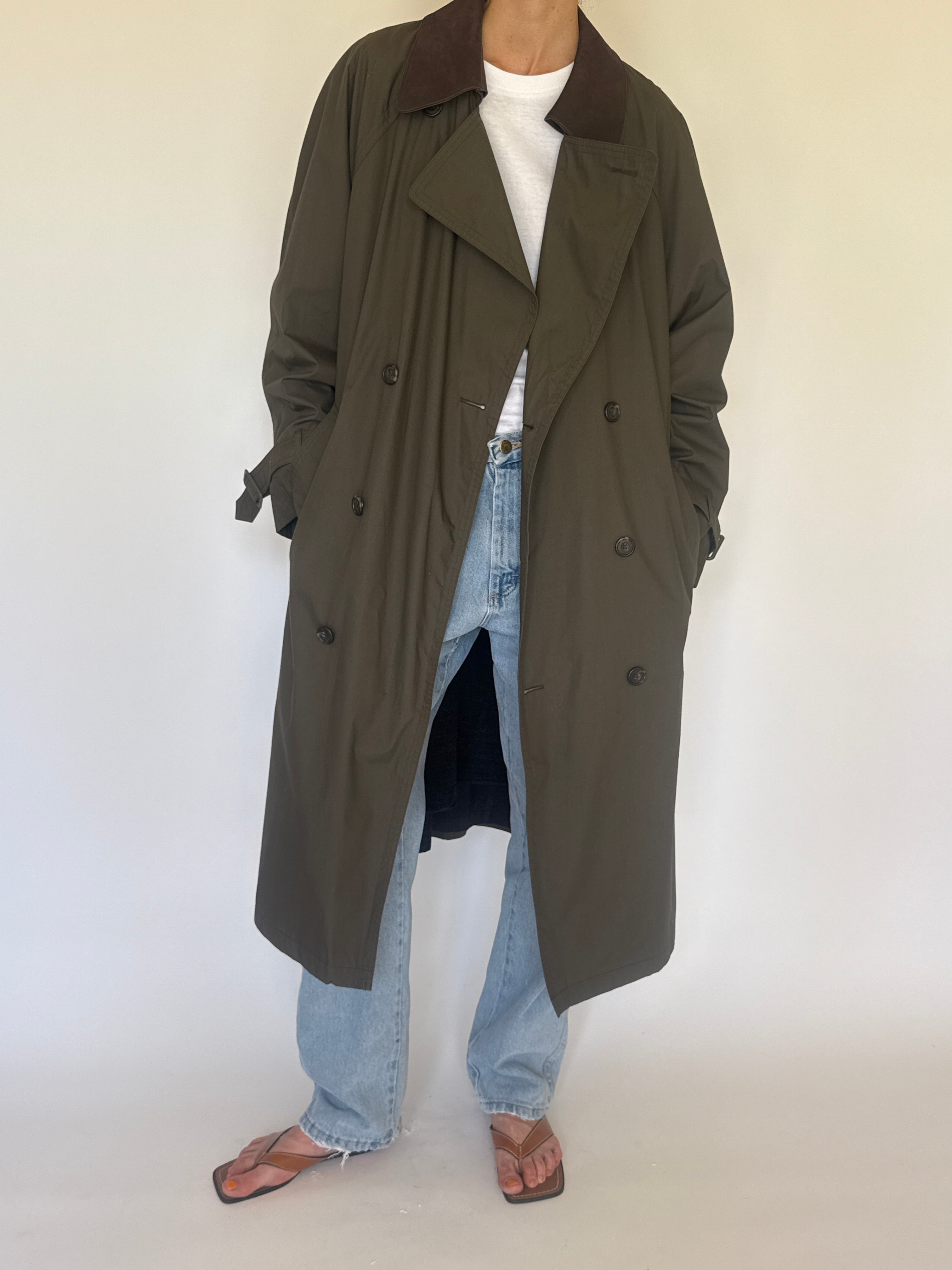 Vintage olive trench coat front view double-breasted belted