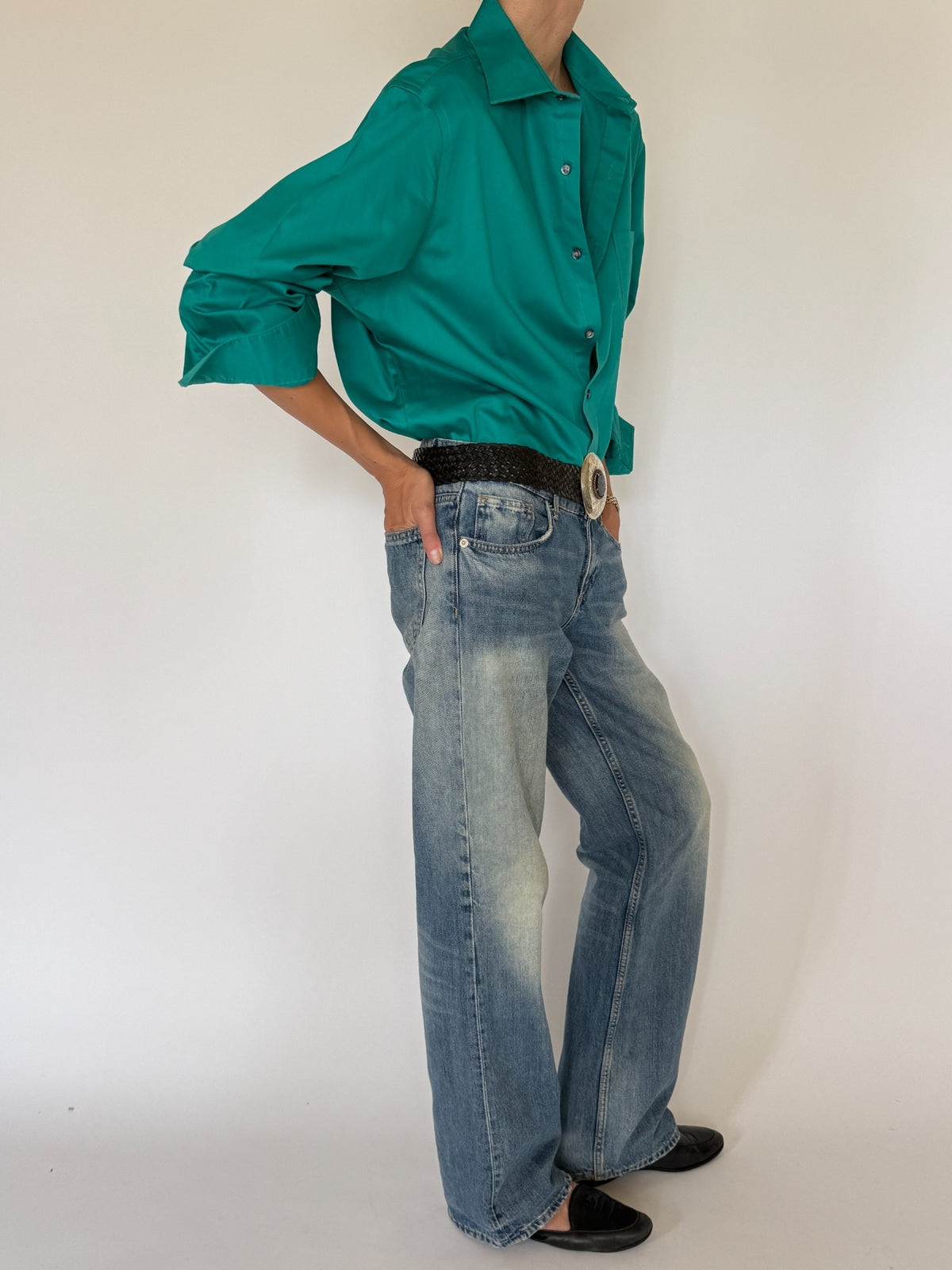 Vintage teal cotton blend button-up shirt side view