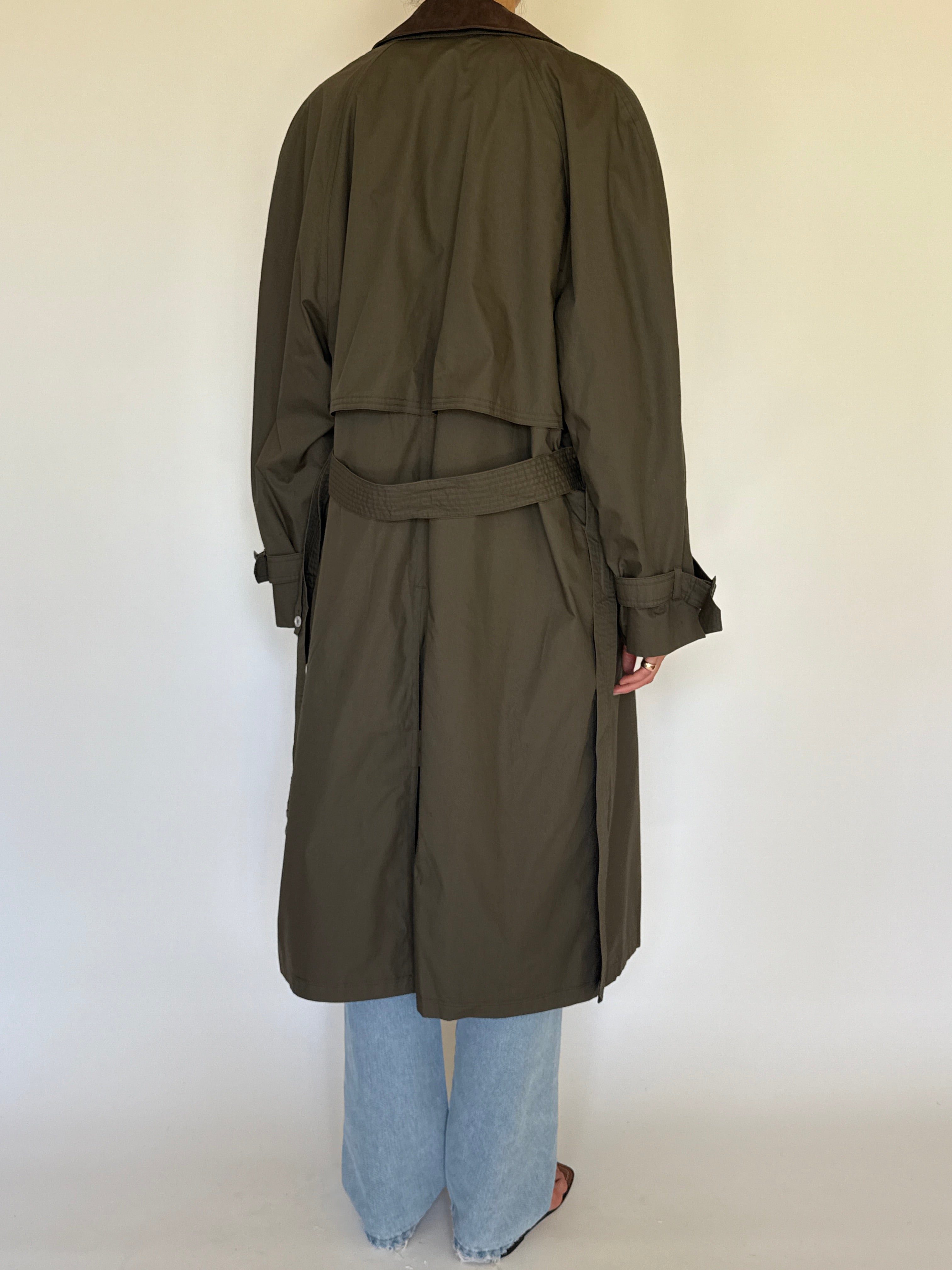 Vintage olive trench coat back view longline design