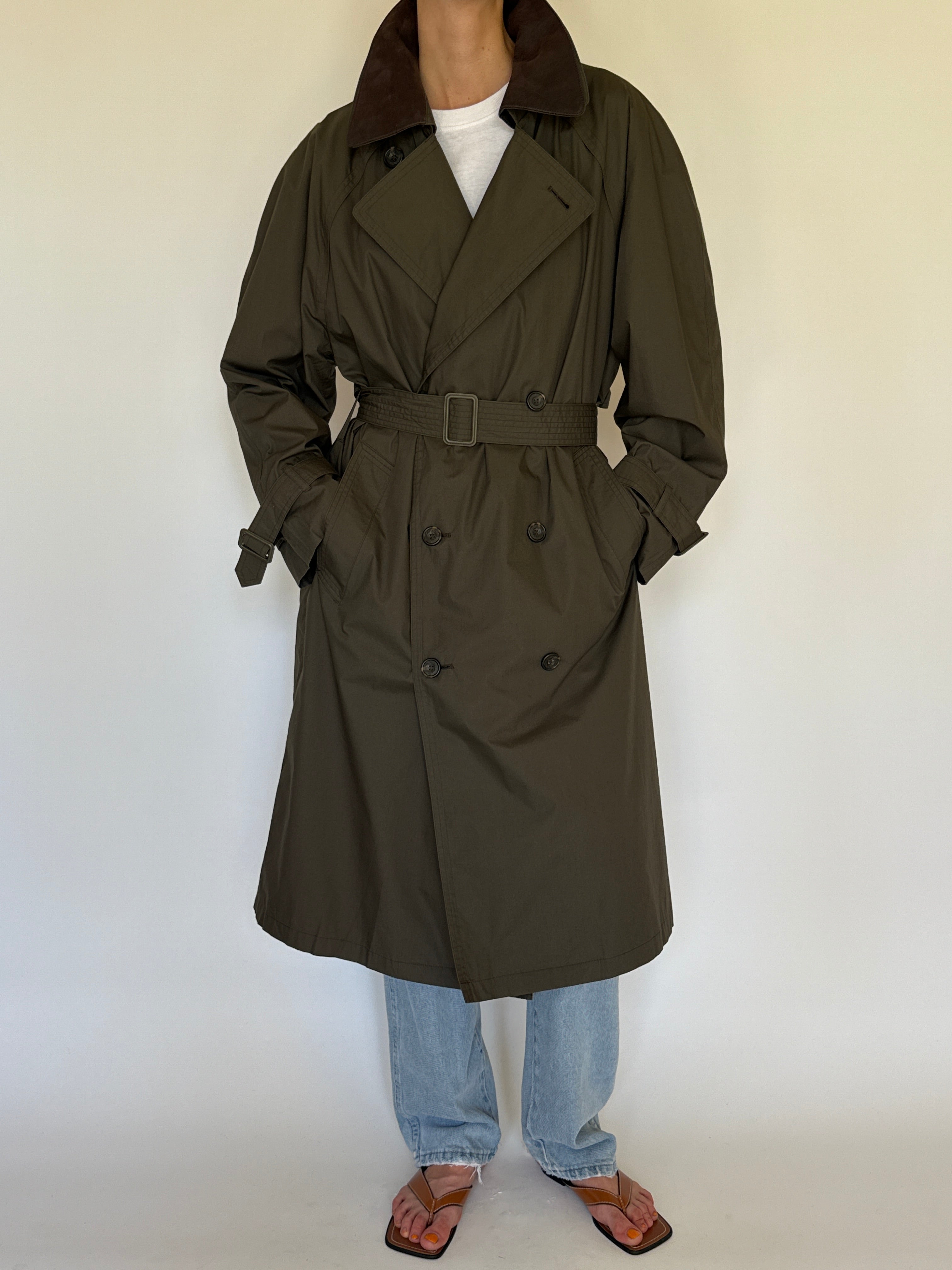 Vintage olive trench coat button detail front closure