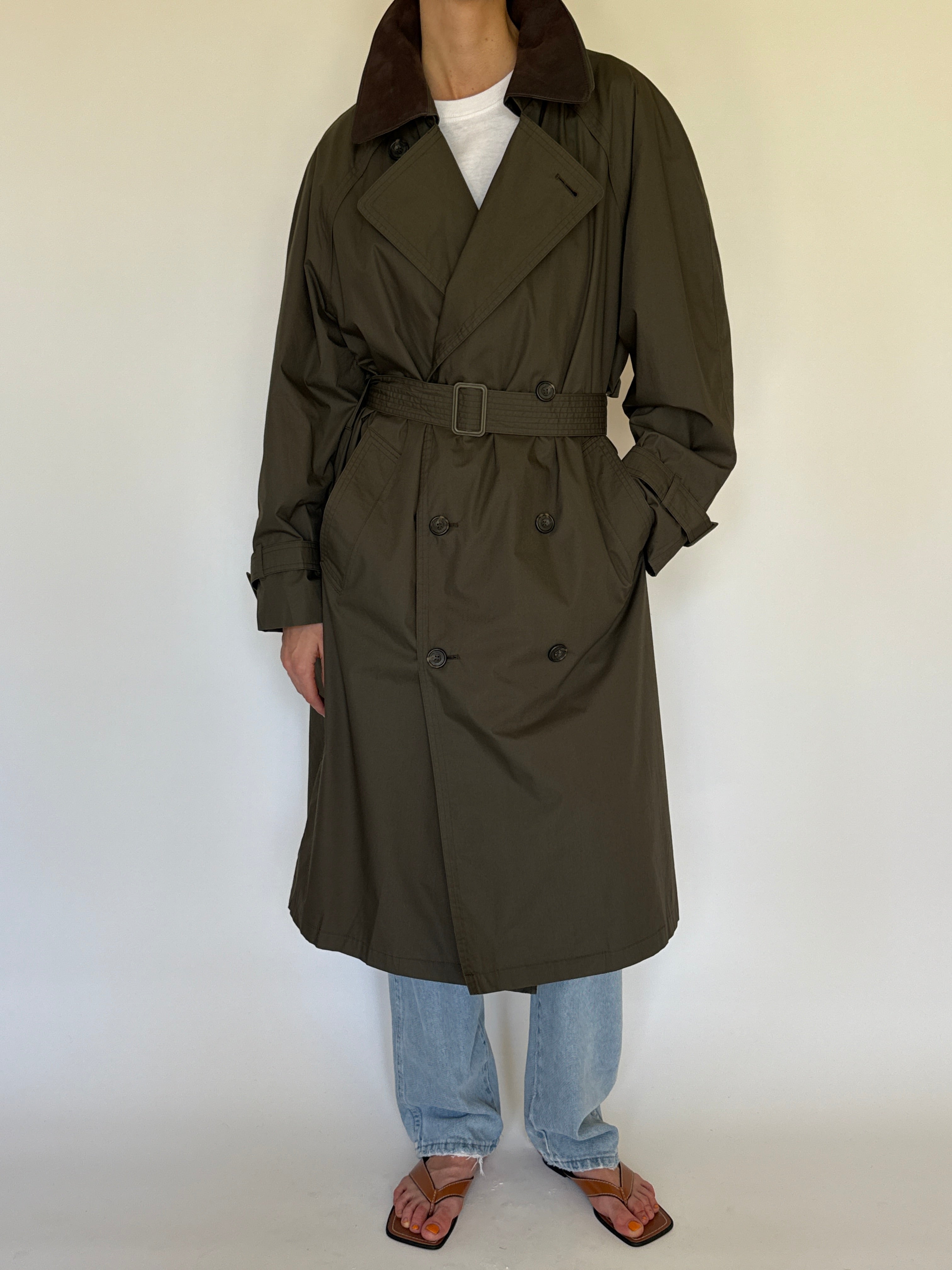 Vintage olive trench coat front view double-breasted belted