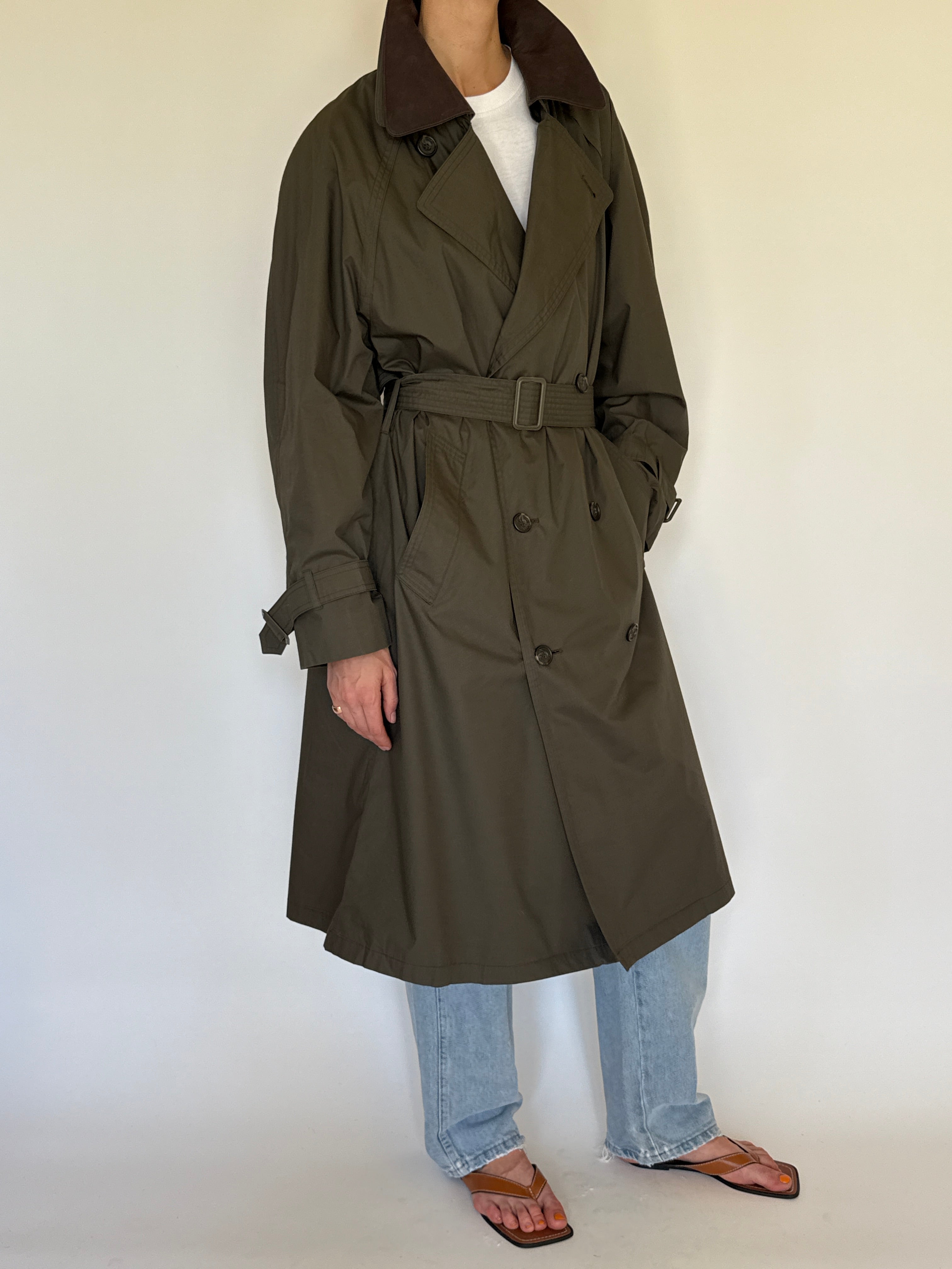 Vintage olive trench coat side view oversized silhouette
