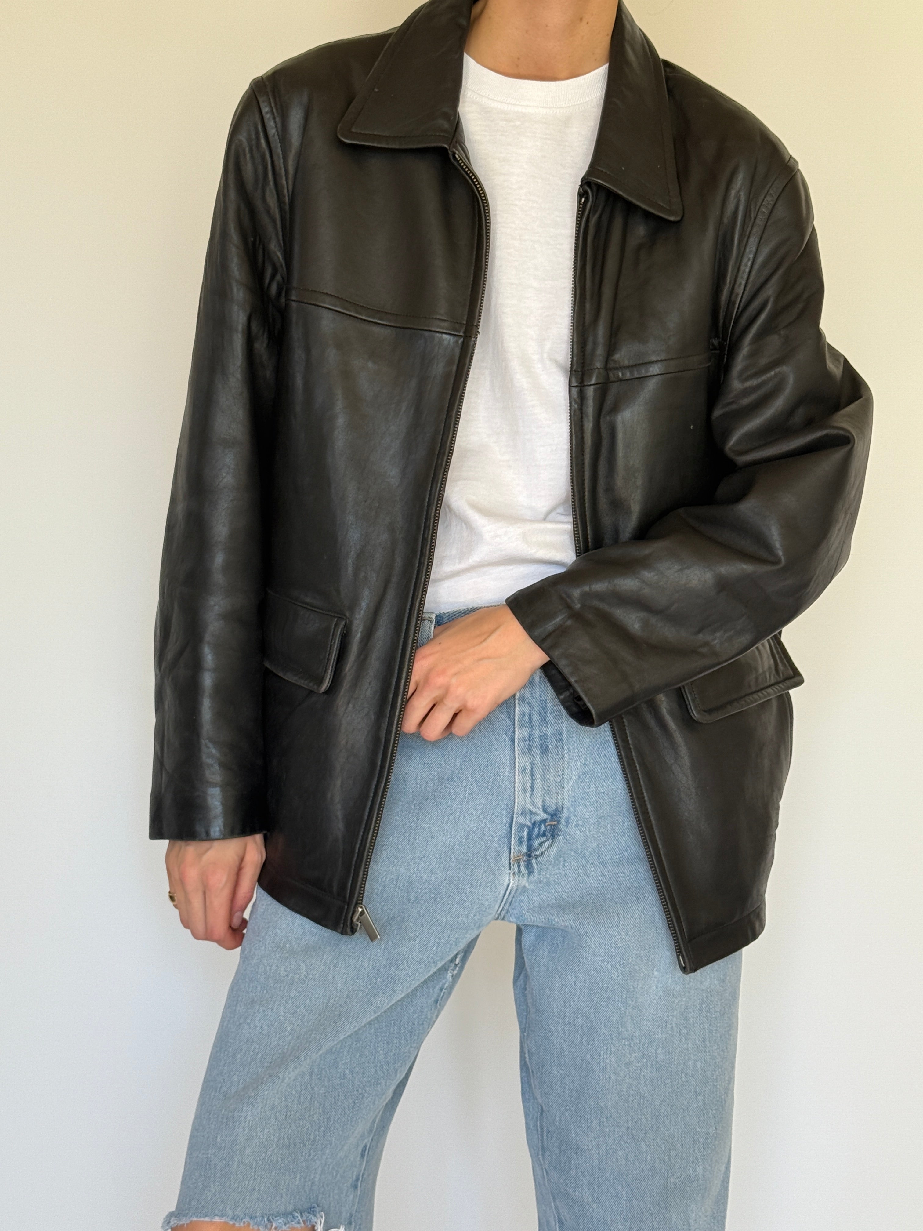 Vintage black leather jacket front view
