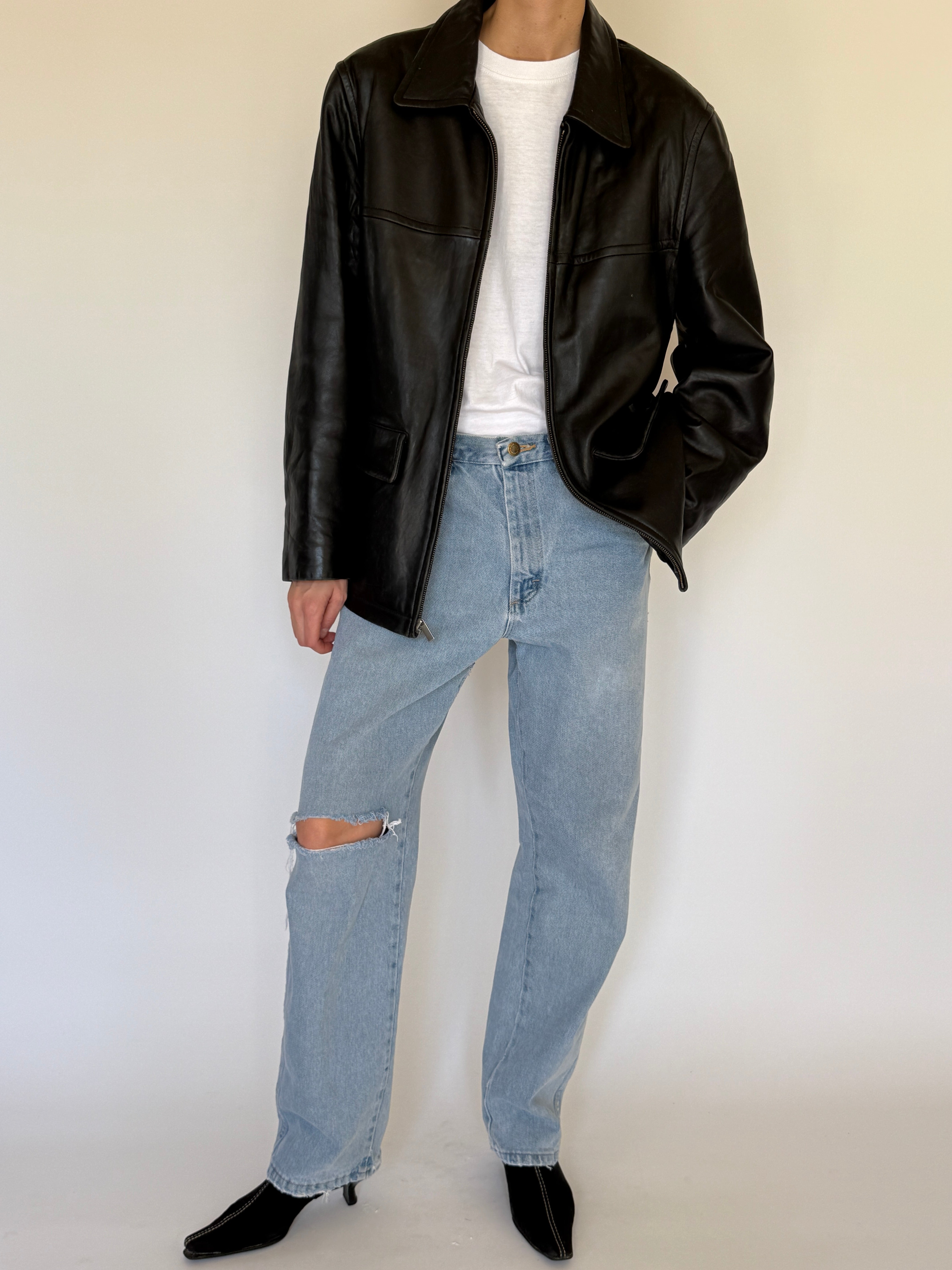 Vintage black leather jacket zip closure detail