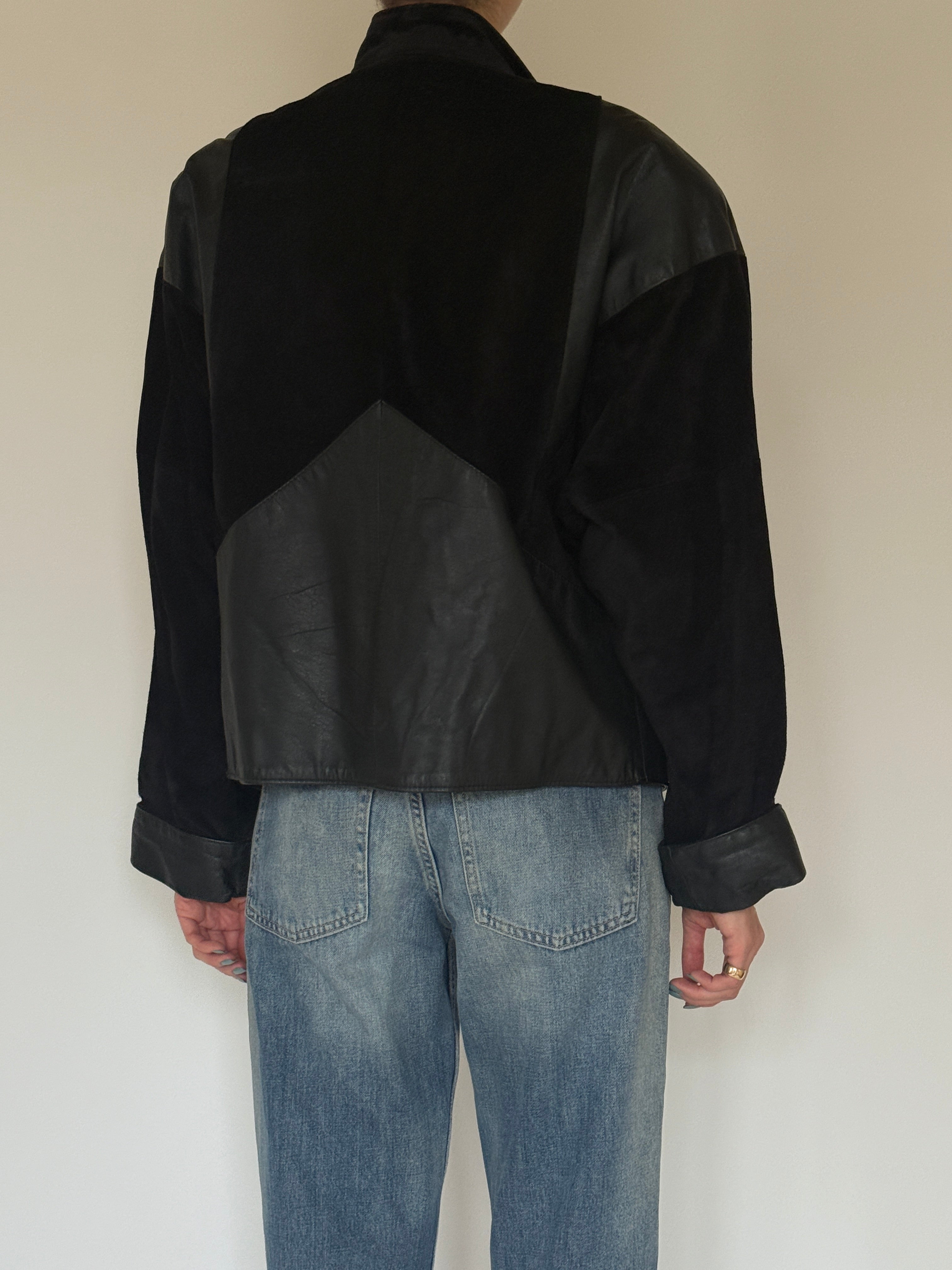Vintage black suede and leather jacket back view