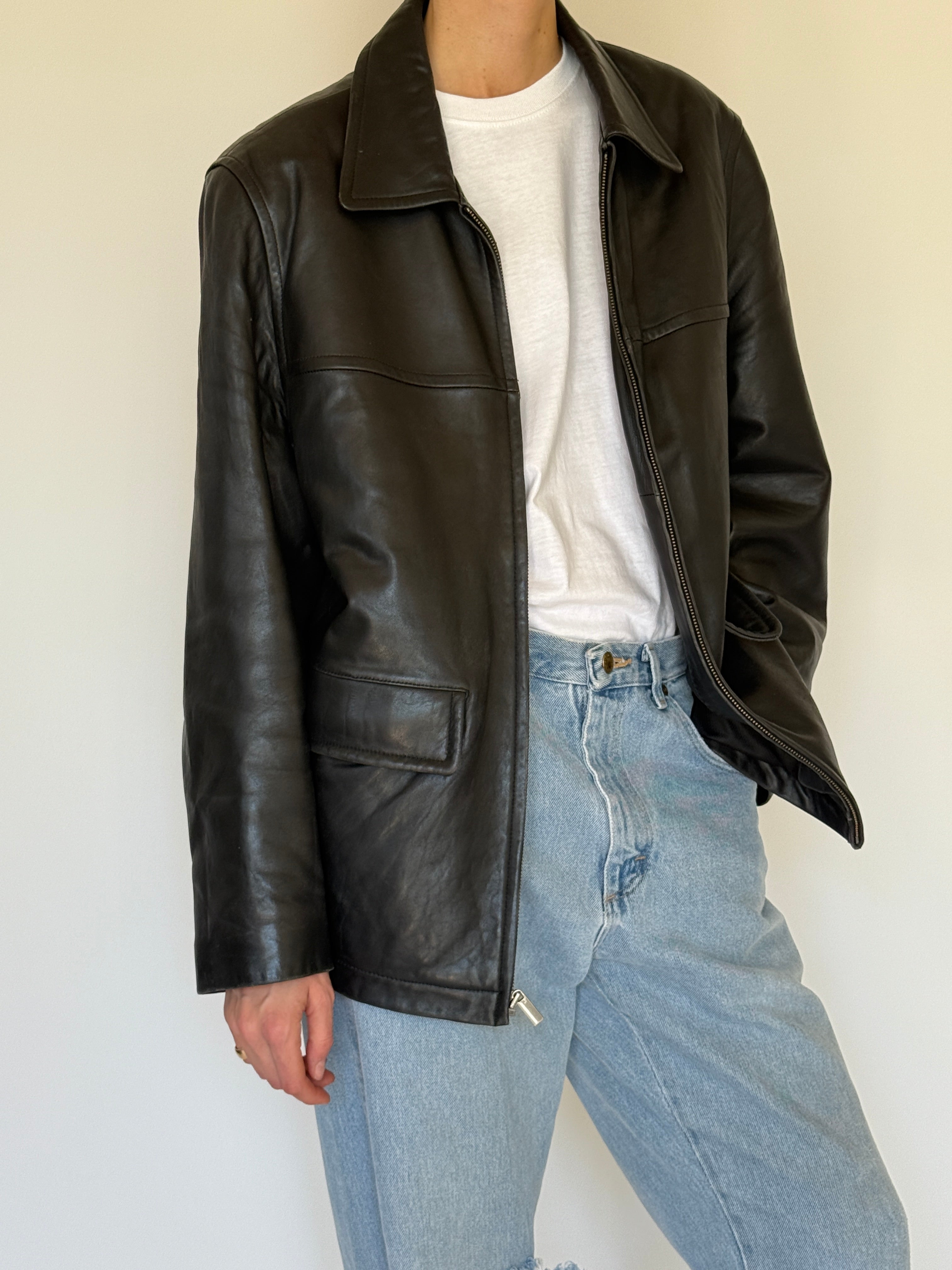 Vintage black leather jacket front view