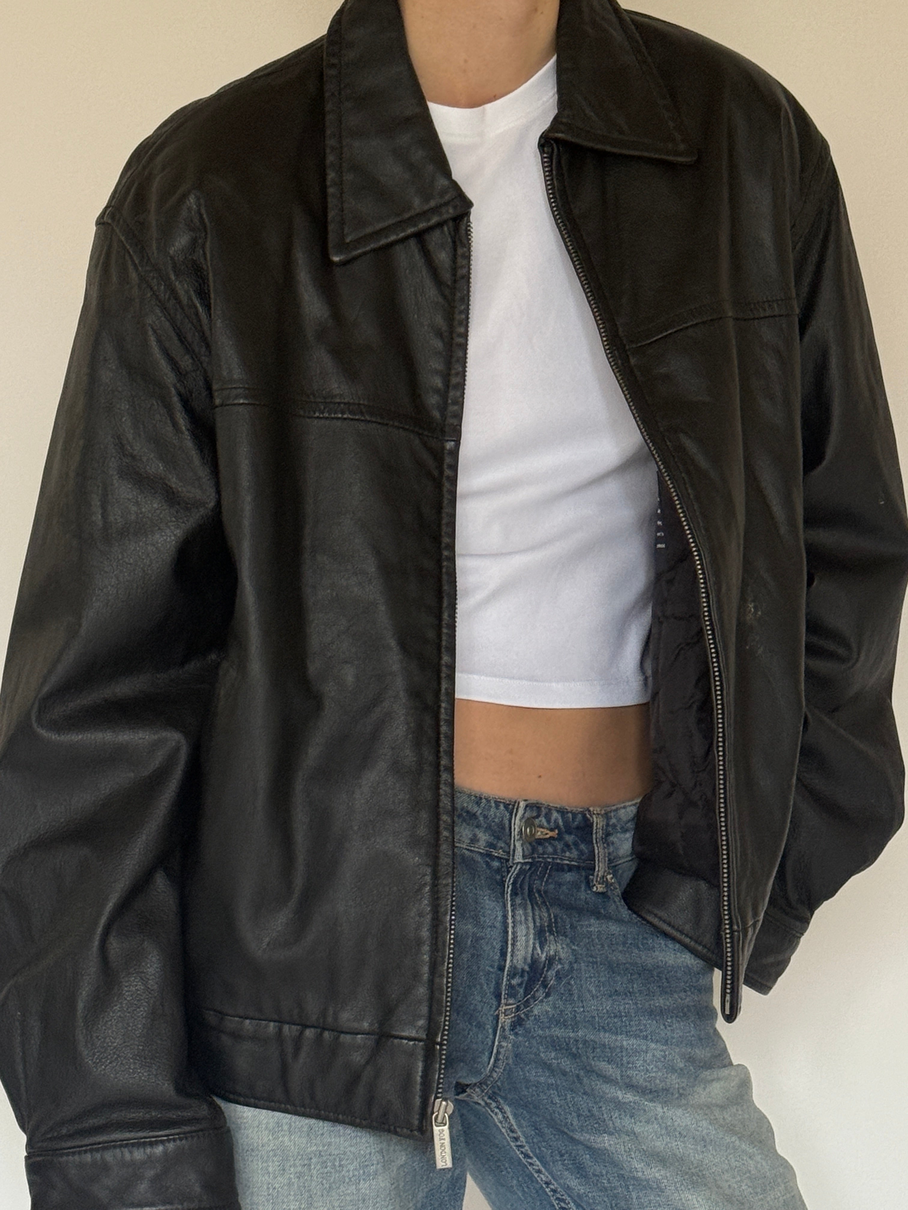 Vintage black leather jacket front view