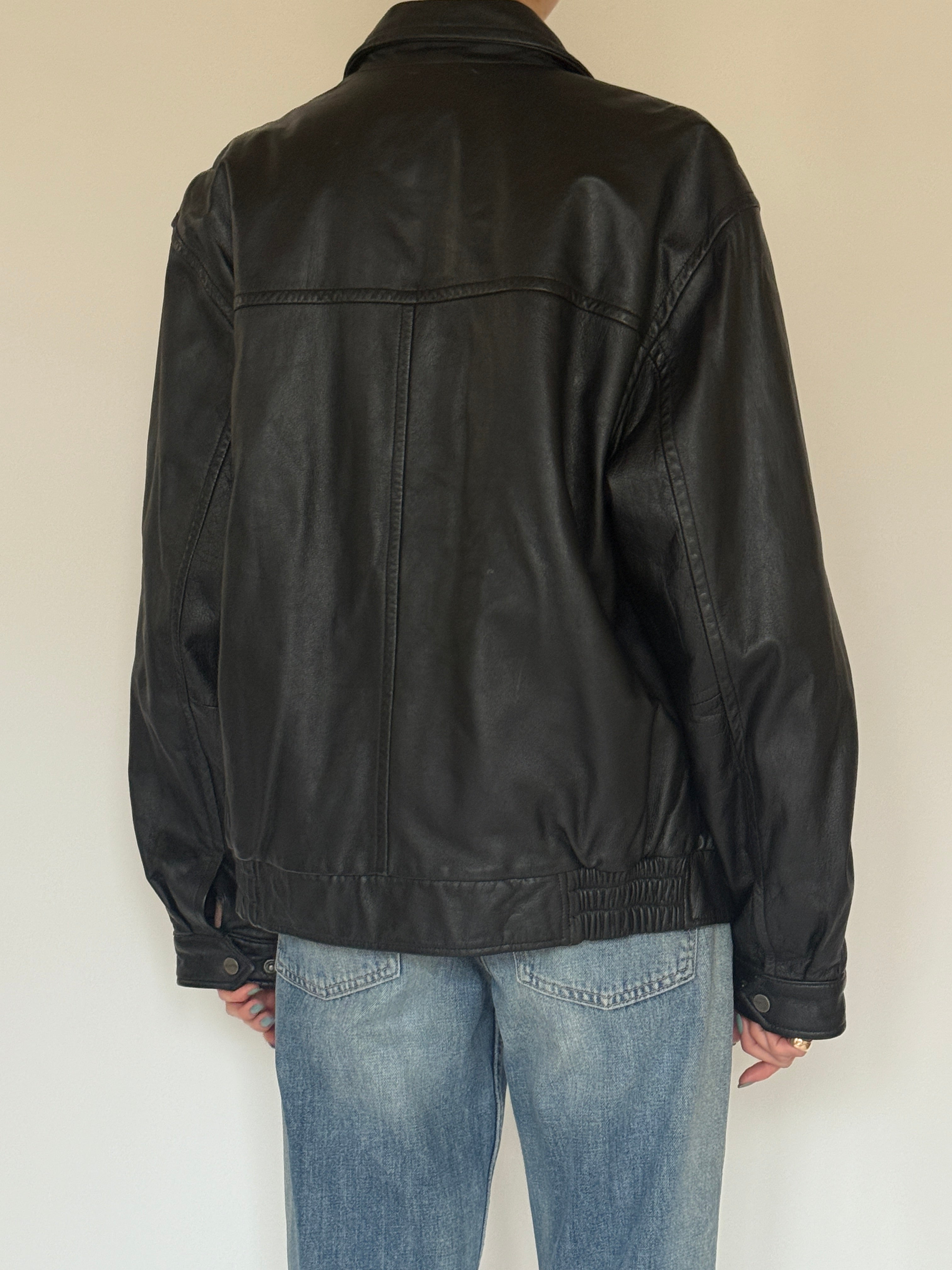 Vintage black leather jacket back view