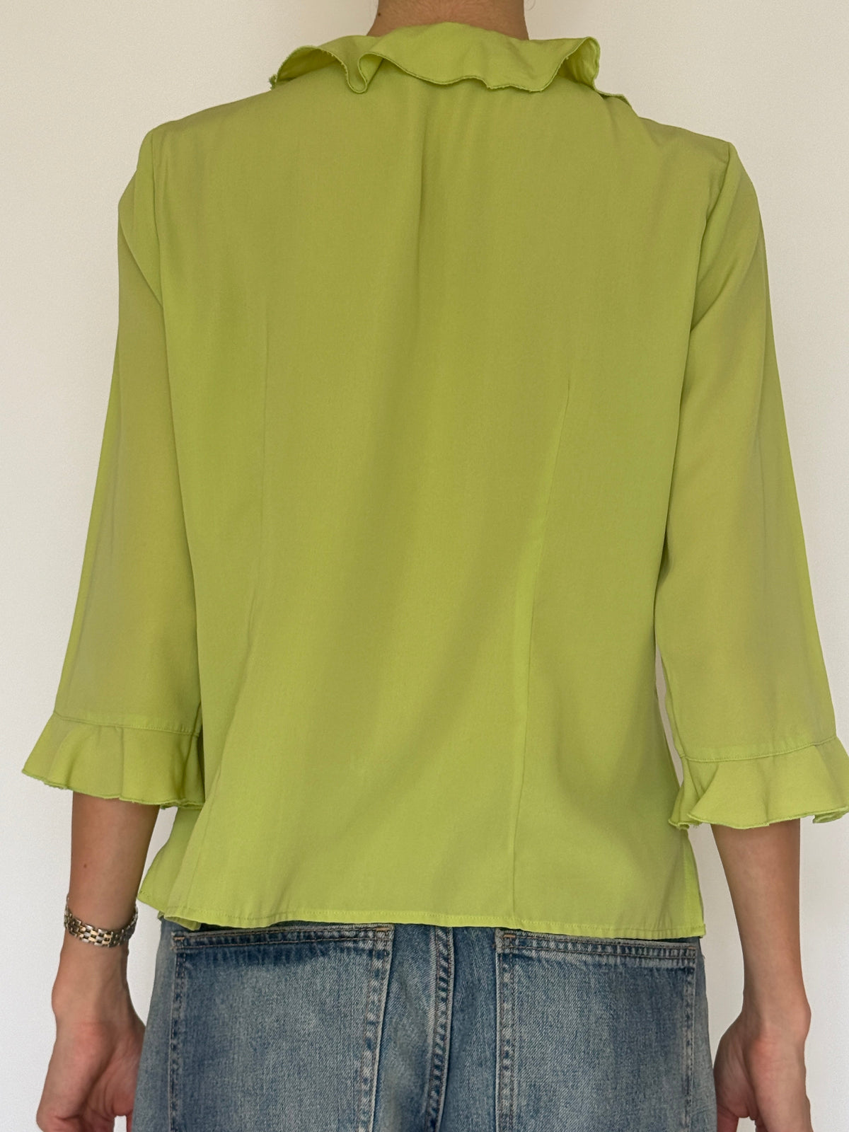 Vintage chartreuse ruffle blouse back view