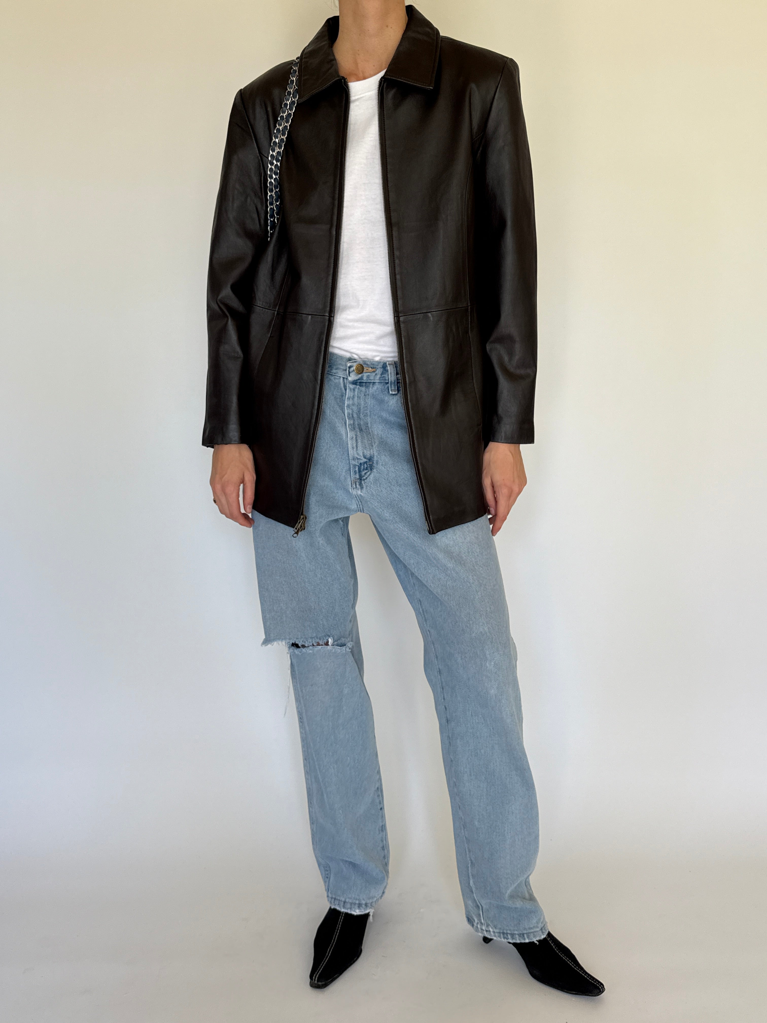 Vintage dark brown leather zip jacket front view