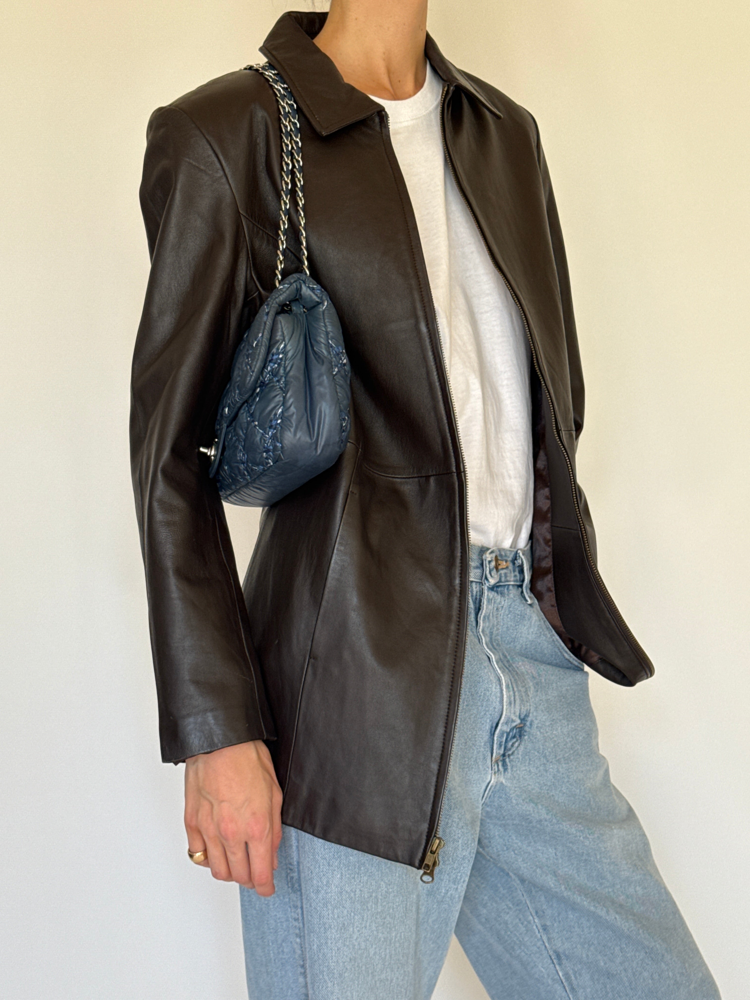 Vintage dark brown leather jacket collar detail