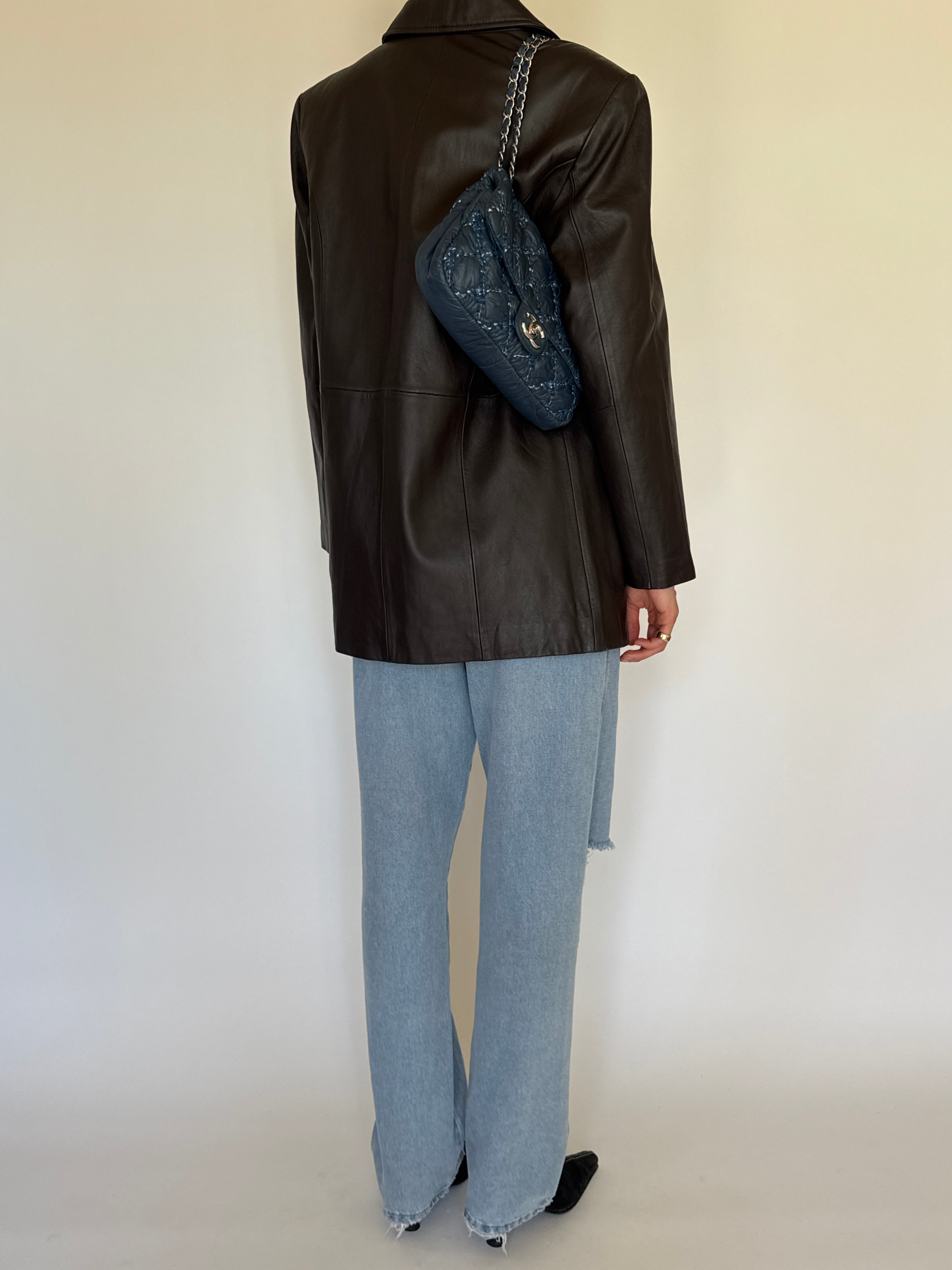 Vintage dark brown leather zip jacket back view