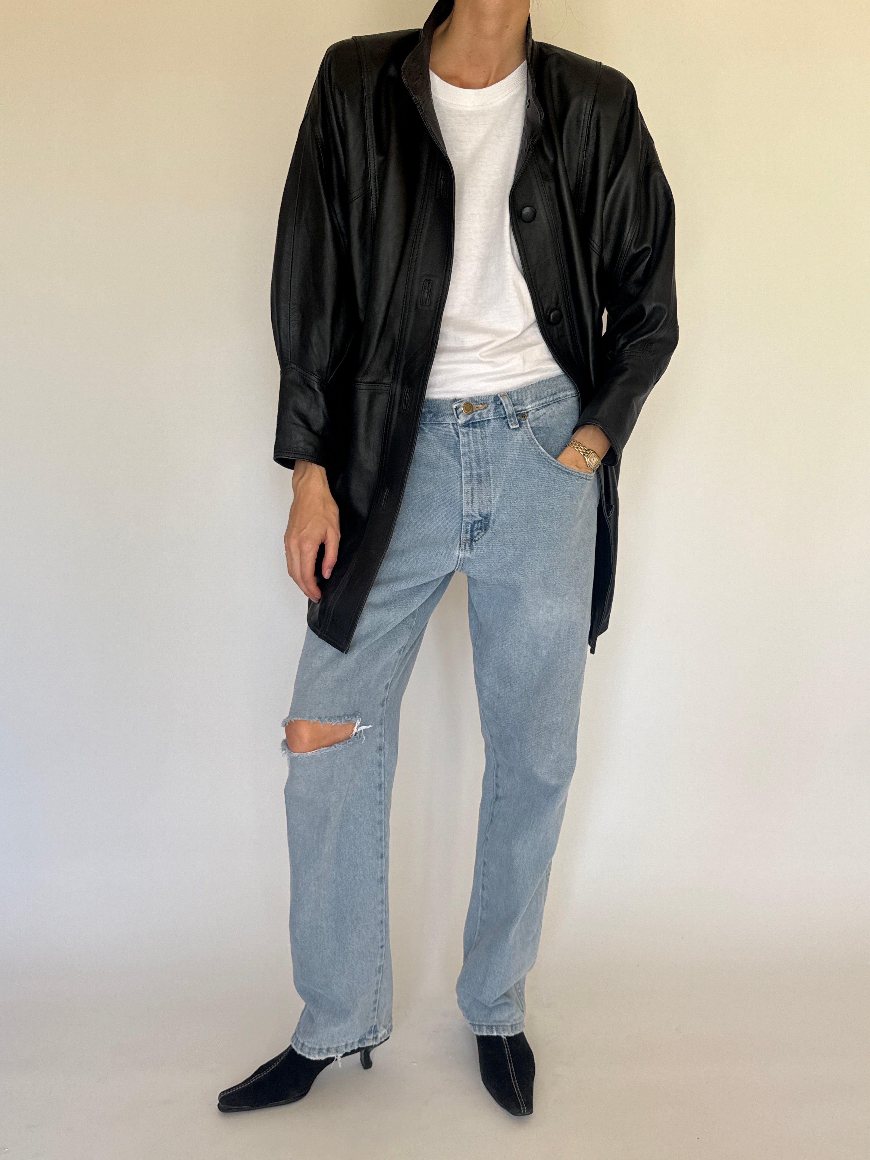 Vintage oversized leather jacket black stand collar detail