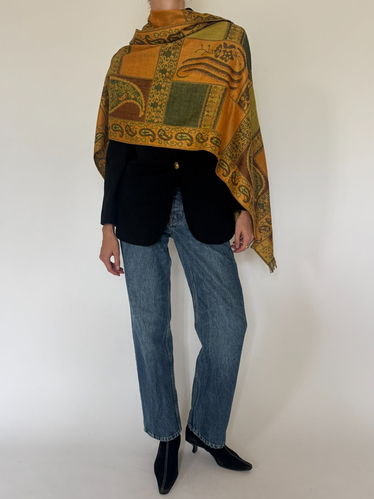 Vintage pashmina wool scarf mustard olive and brown wrap view