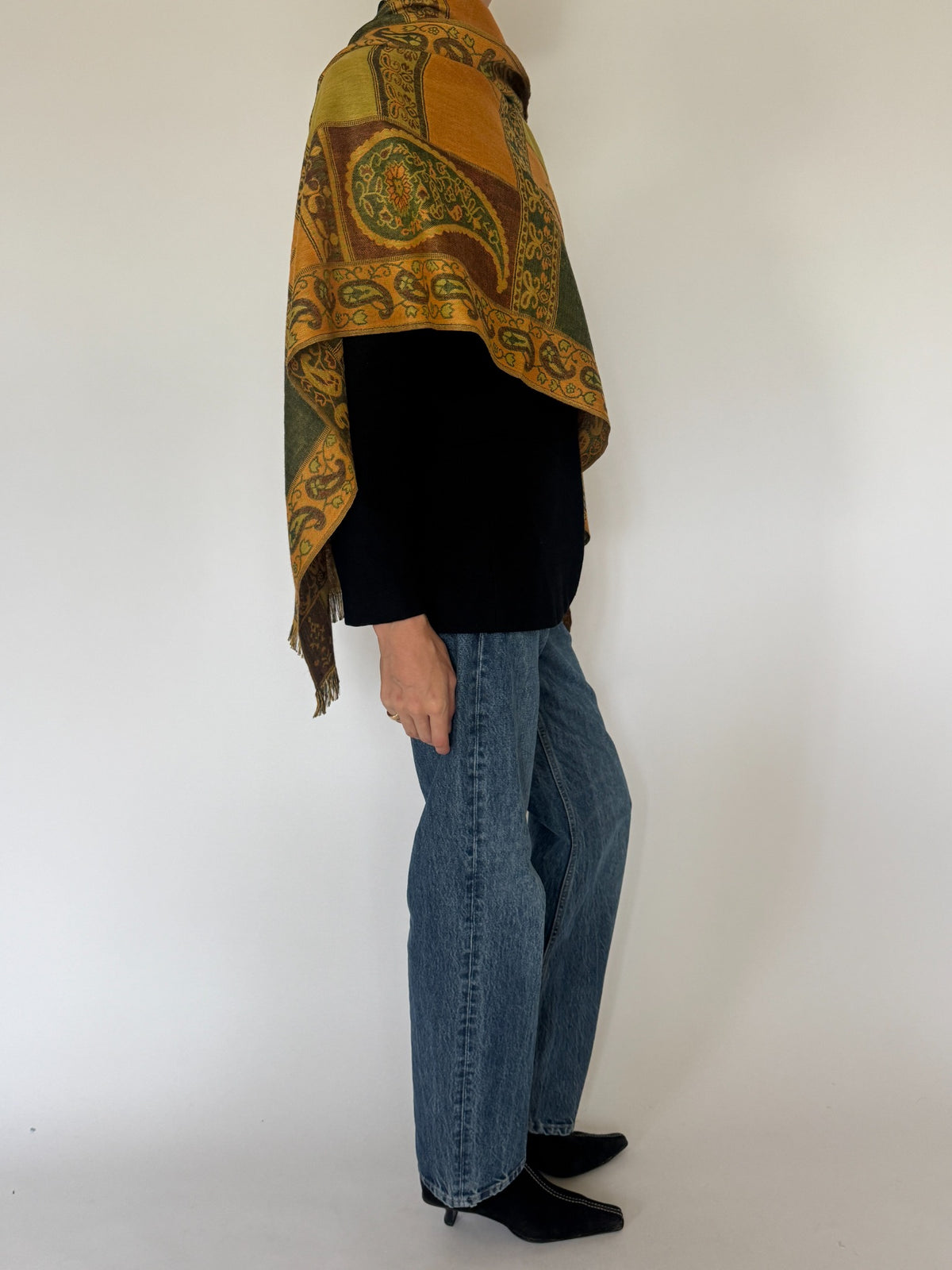 Vintage pashmina wool scarf mustard olive and brown side styled view