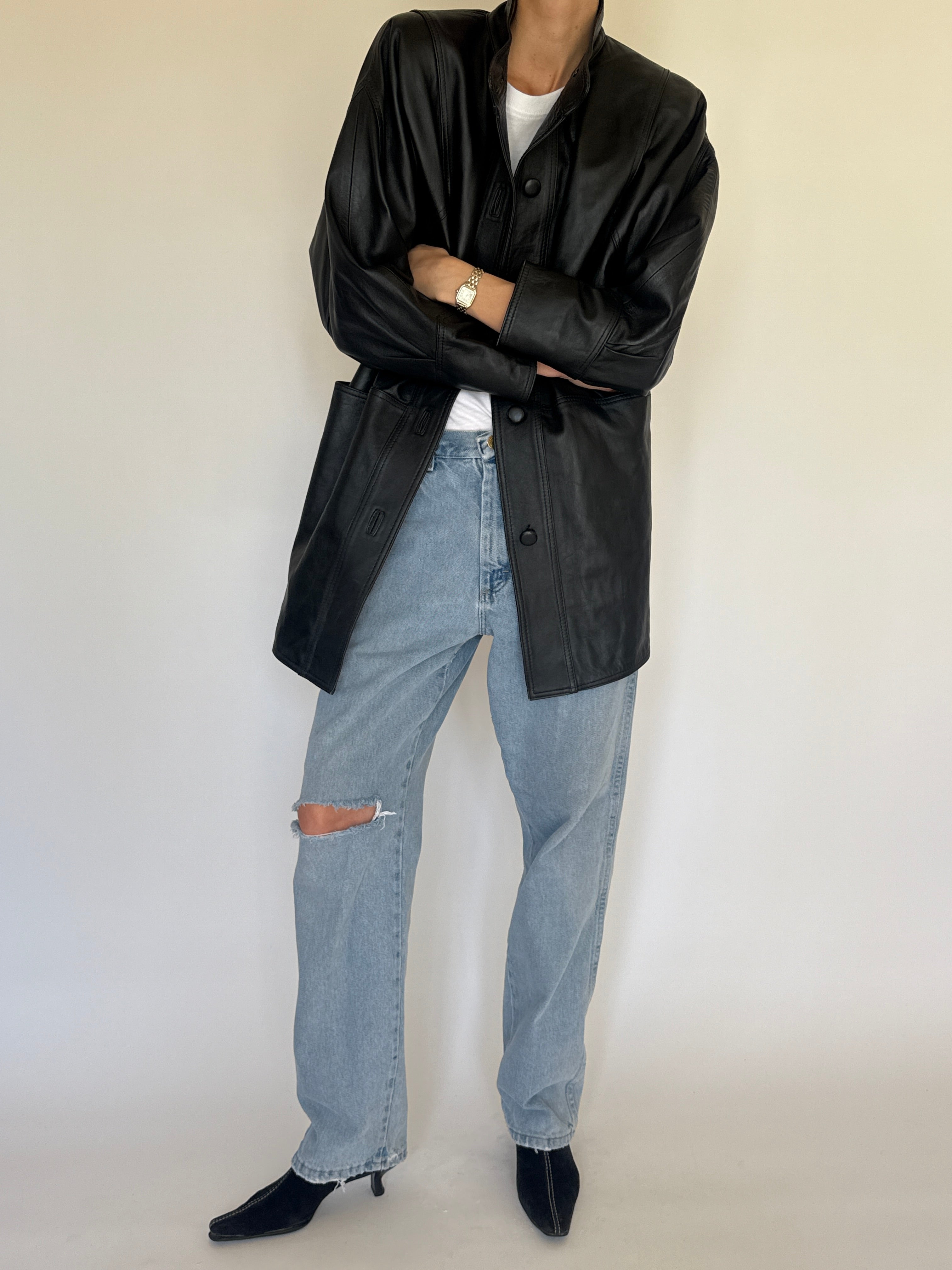 Vintage oversized leather jacket black front view