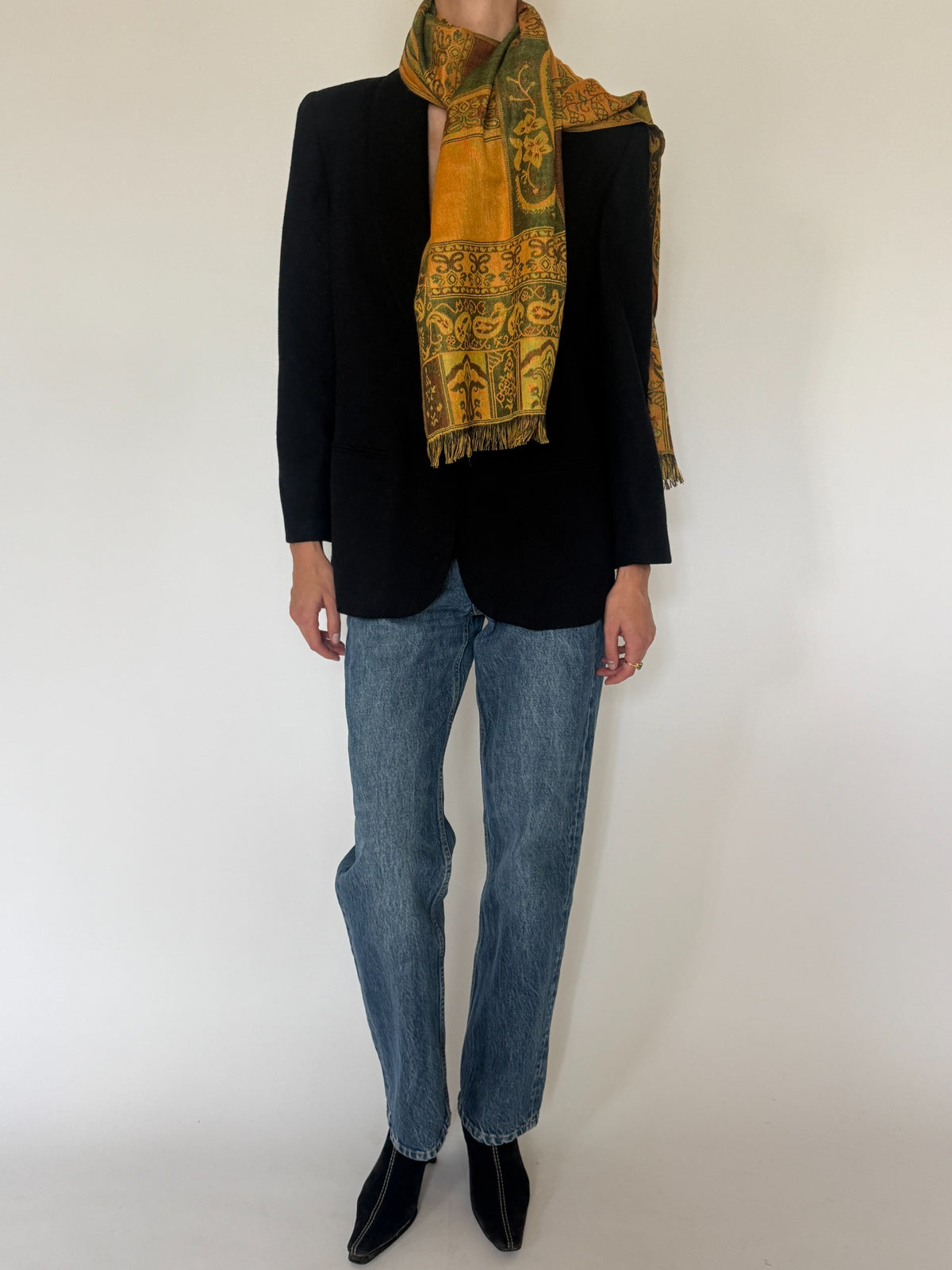 Vintage pashmina wool scarf mustard olive and brown front styled view