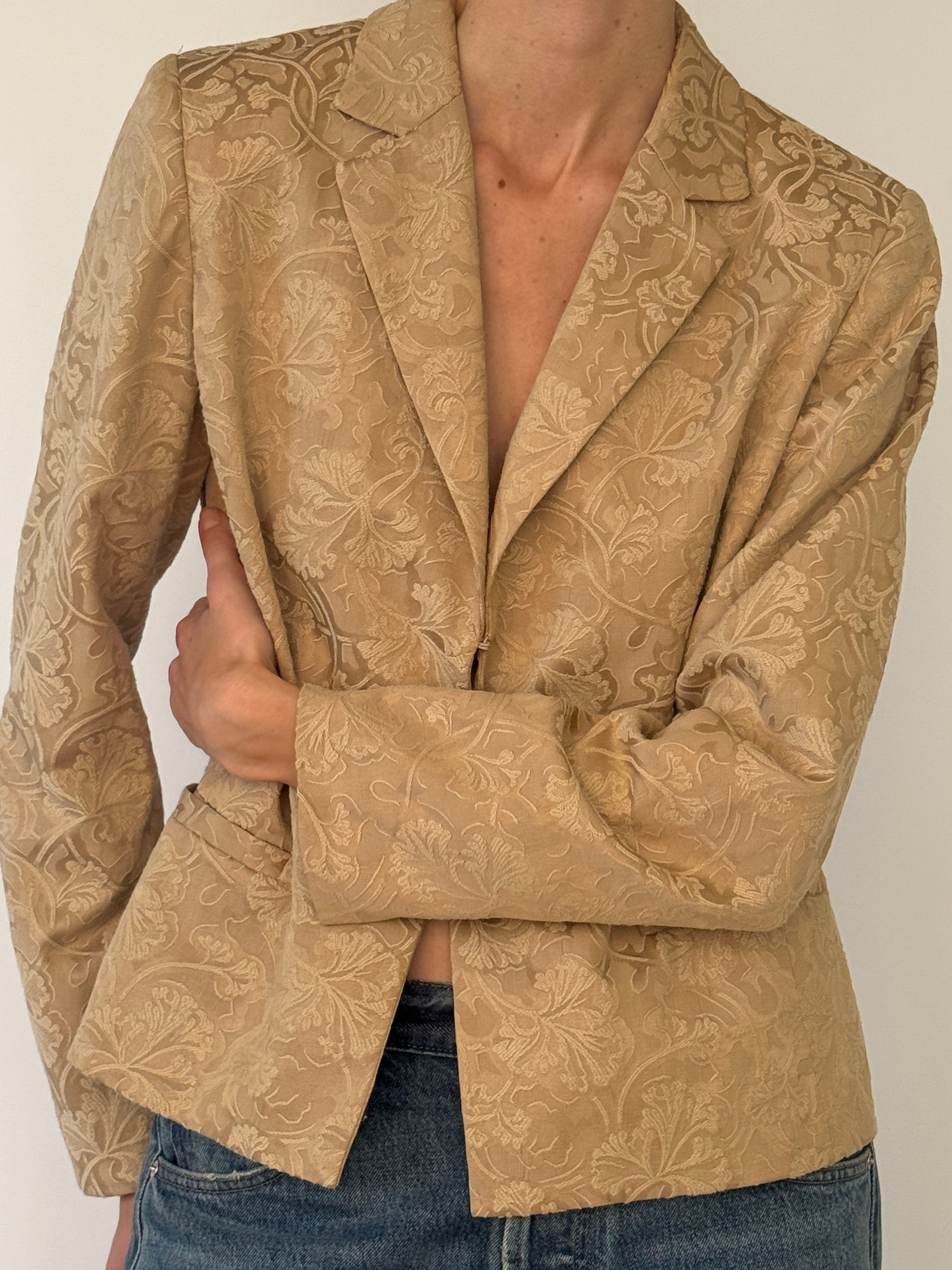 Vintage beige floral jacquard blazer front view