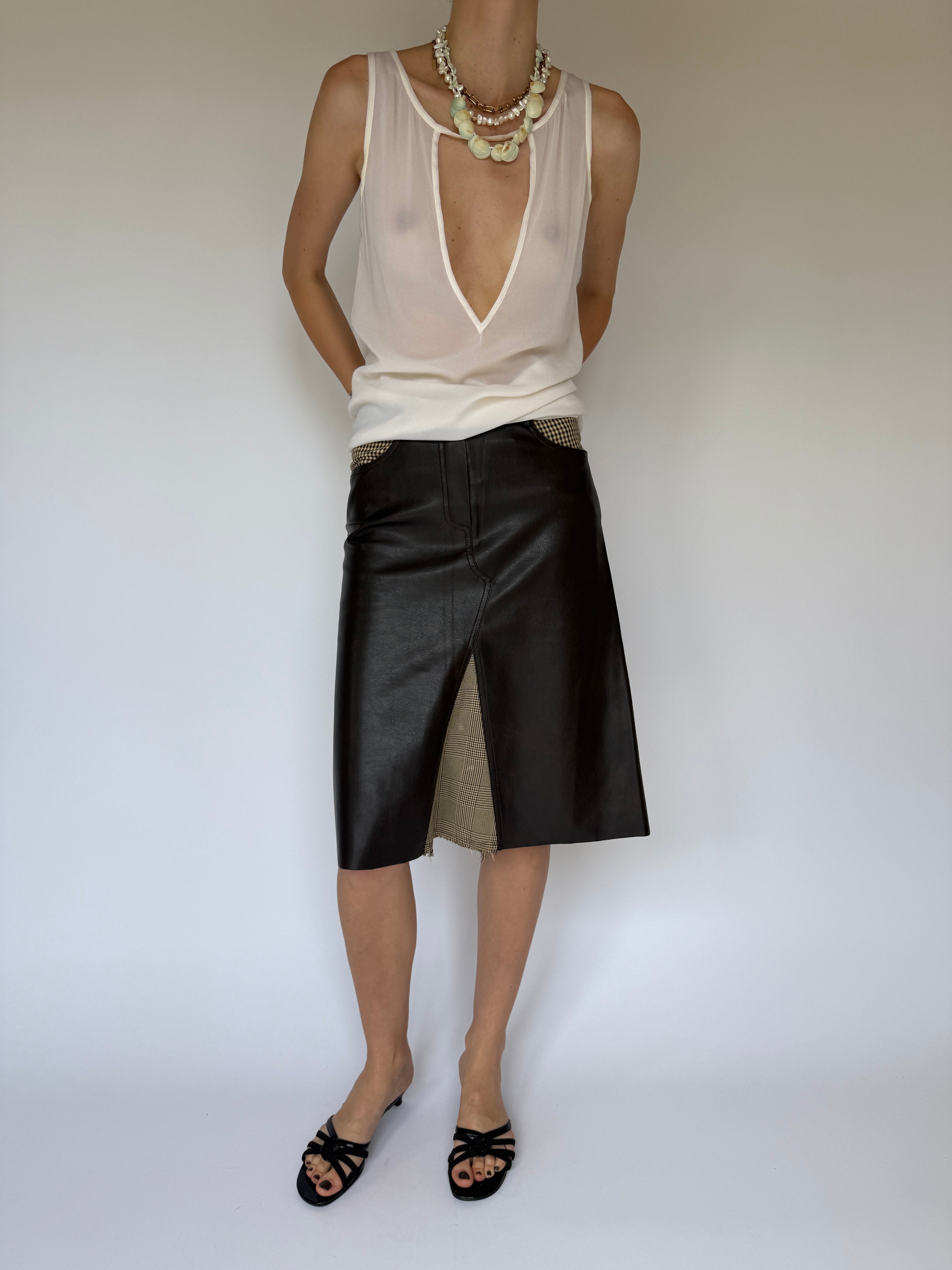 Vintage faux leather midi skirt with houndstooth detail 6198