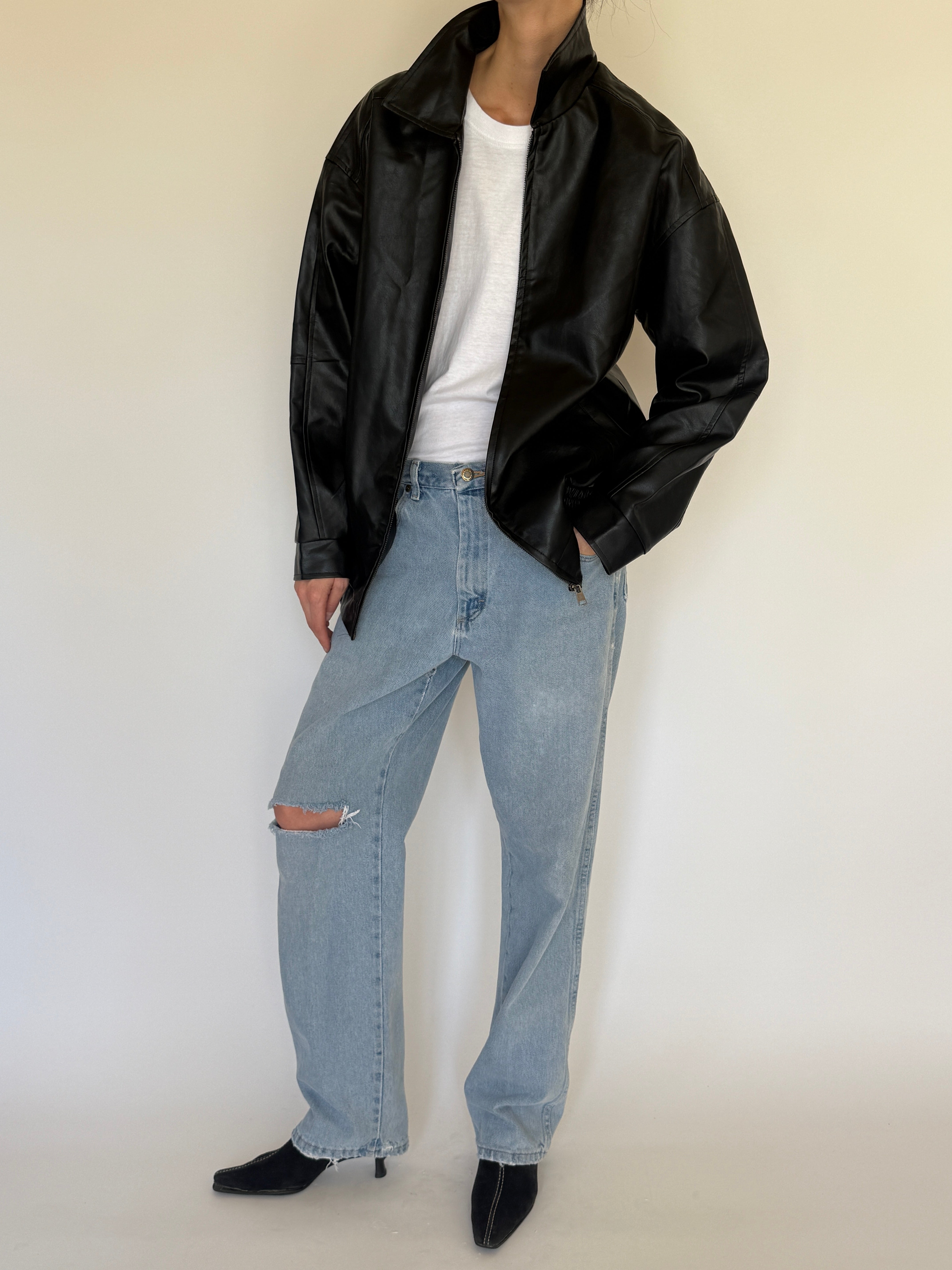 Vintage black faux leather zip jacket front view