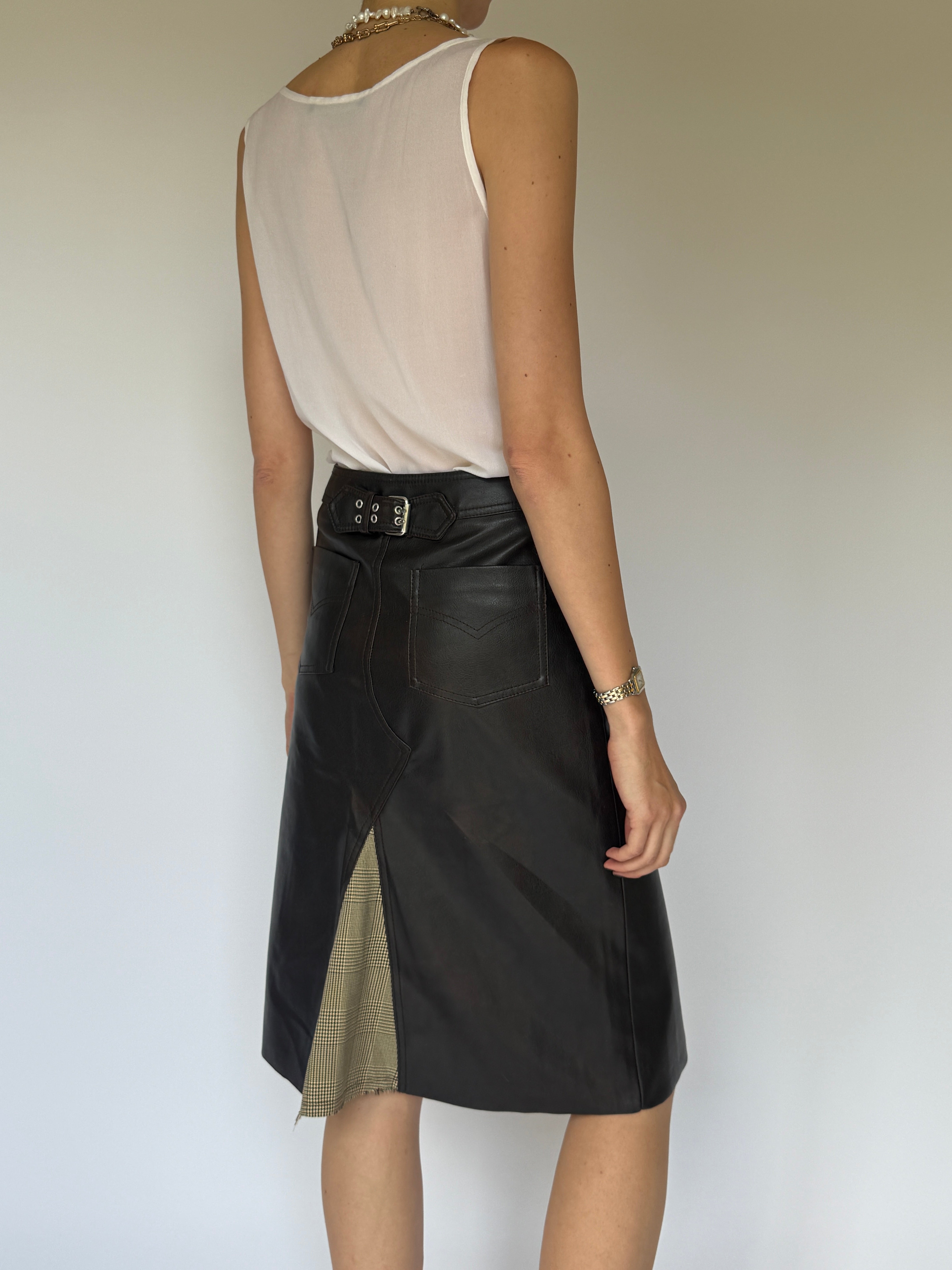 Vintage faux leather midi skirt with houndstooth detail 6198