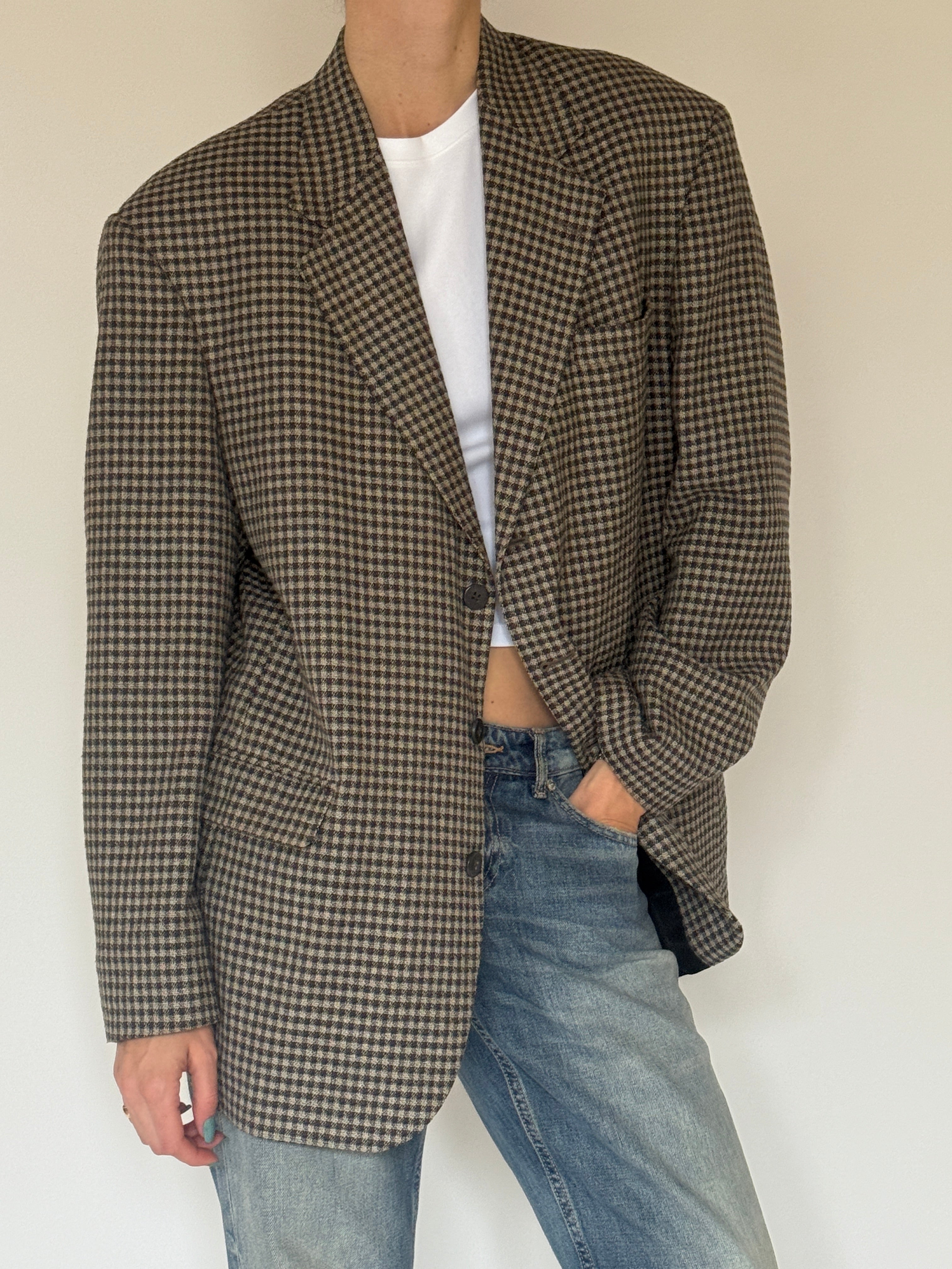 Detail of the notched lapel and two-button front closure on the vintage blazer