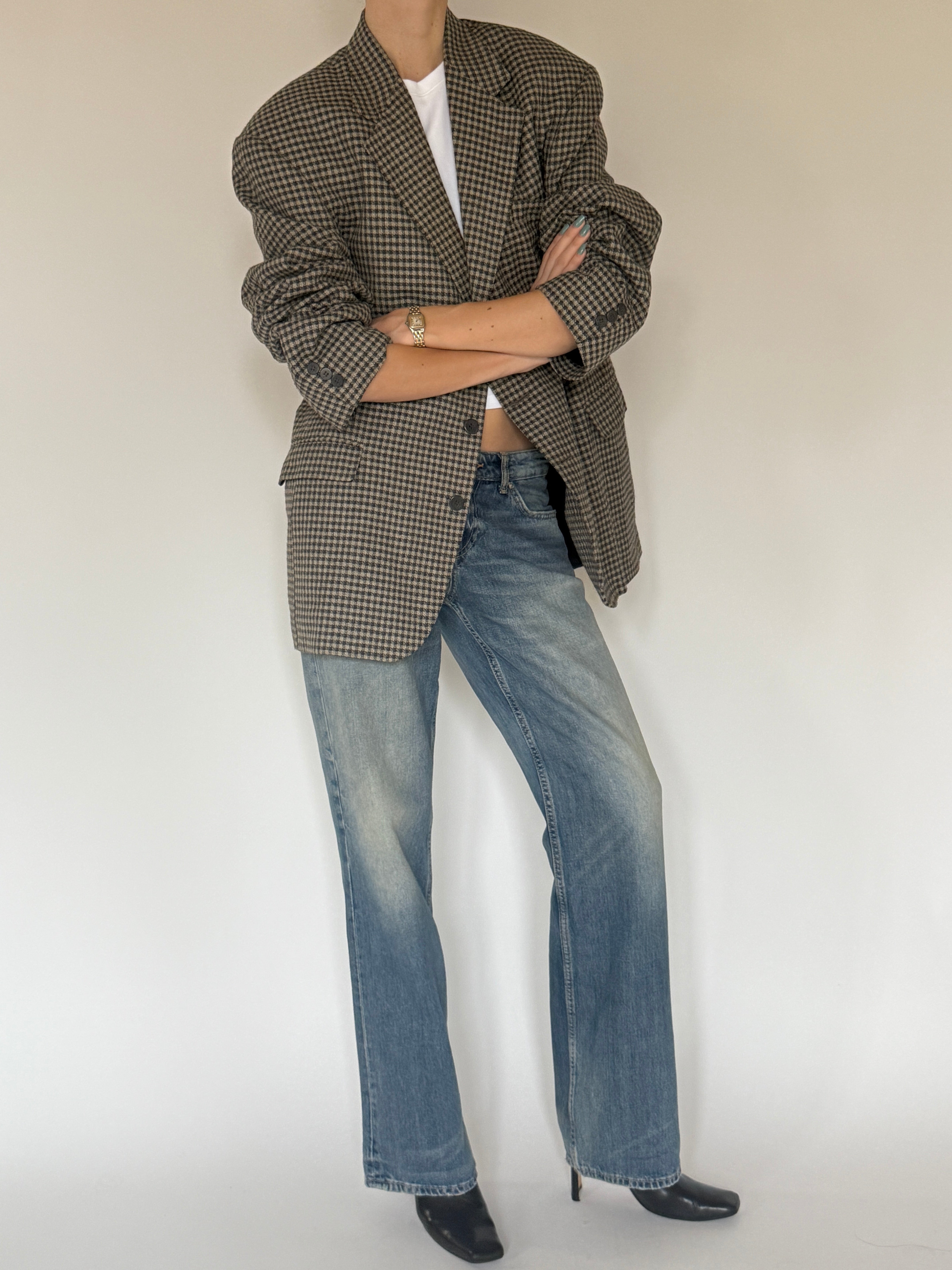 Vintage black and cream check oversized blazer front view with notched lapels and button closure