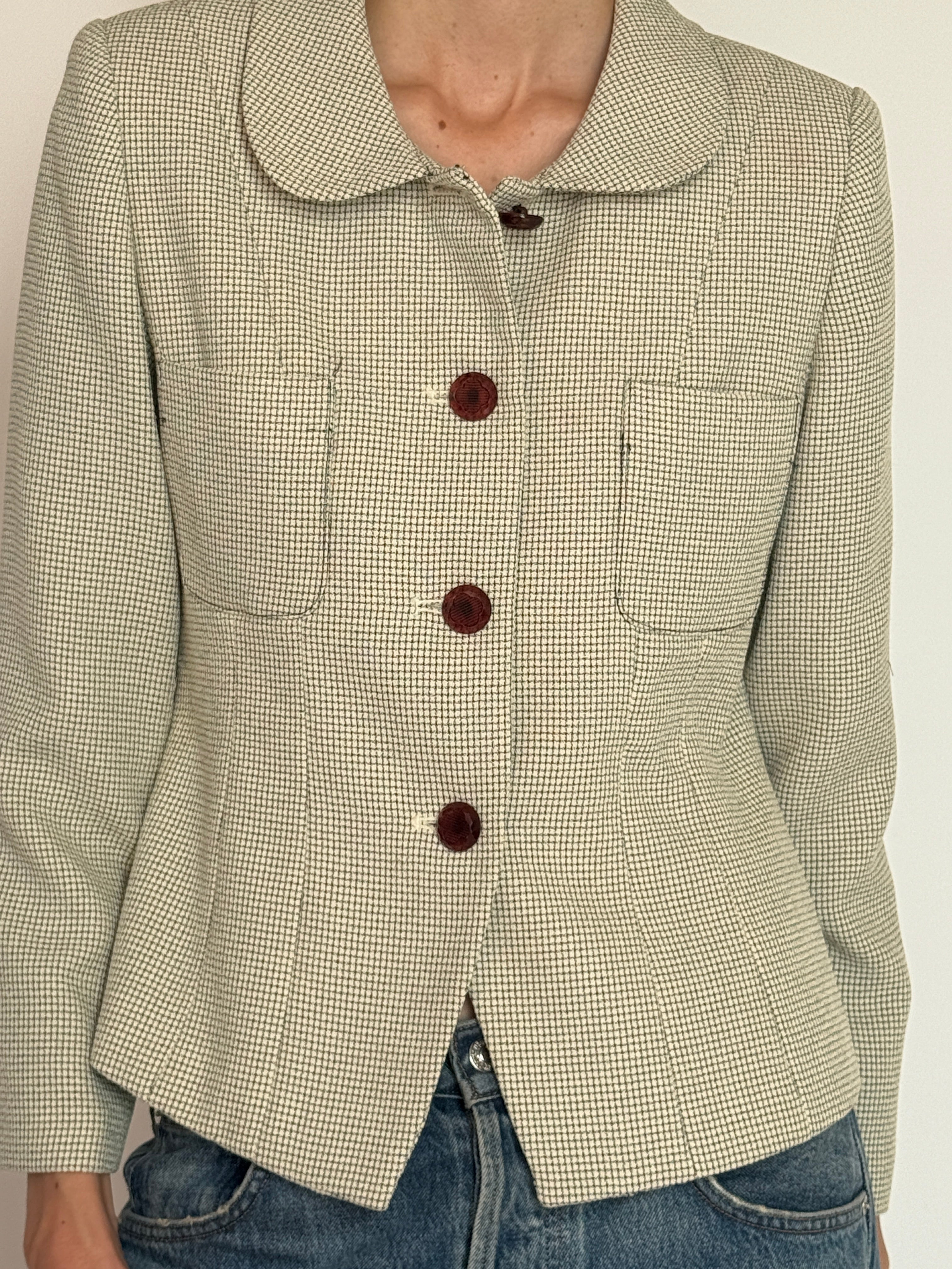 Vintage cream and black micro-check blazer front view with rounded collar