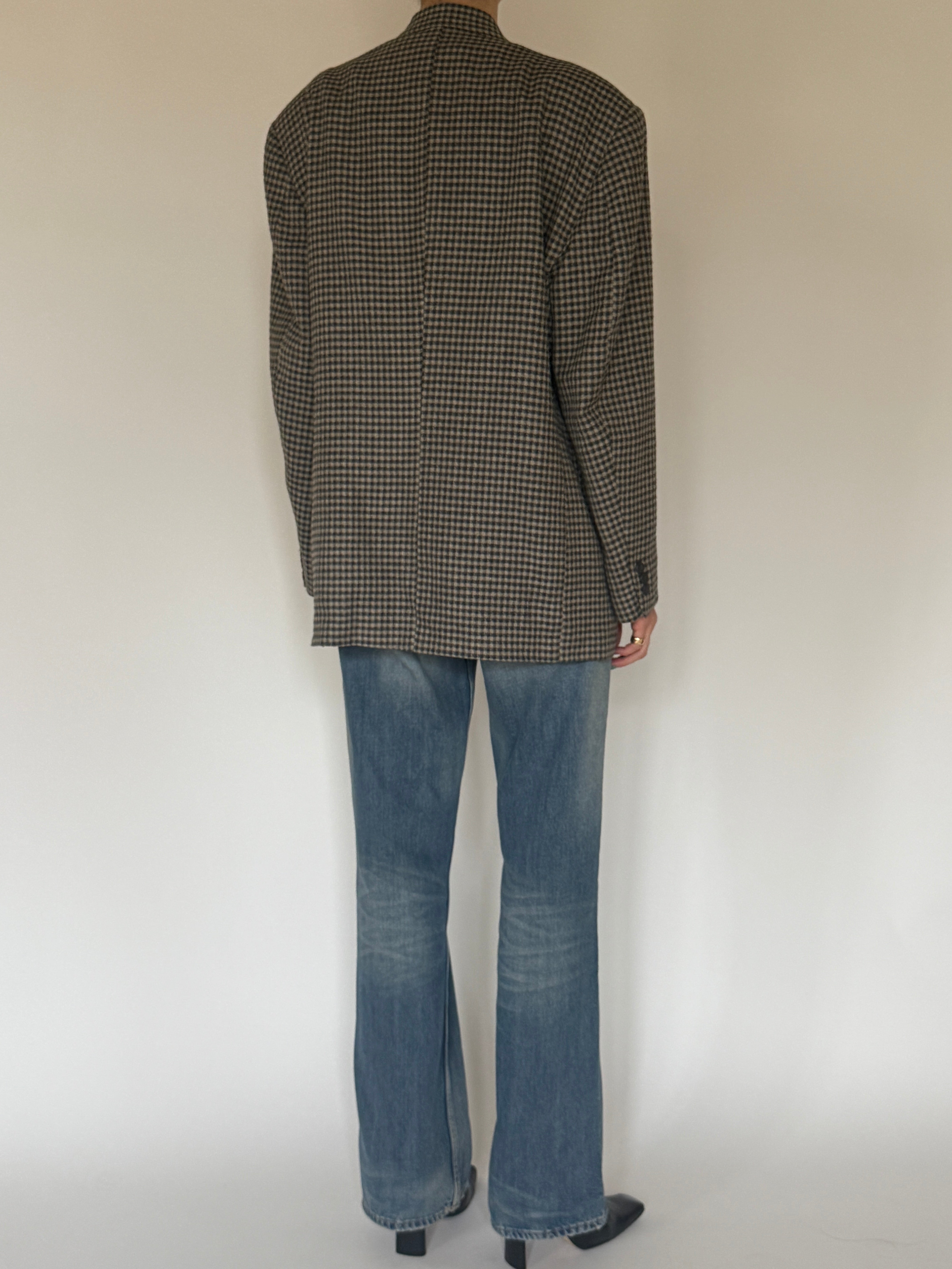 Vintage black and cream check oversized blazer back view with structured silhouette