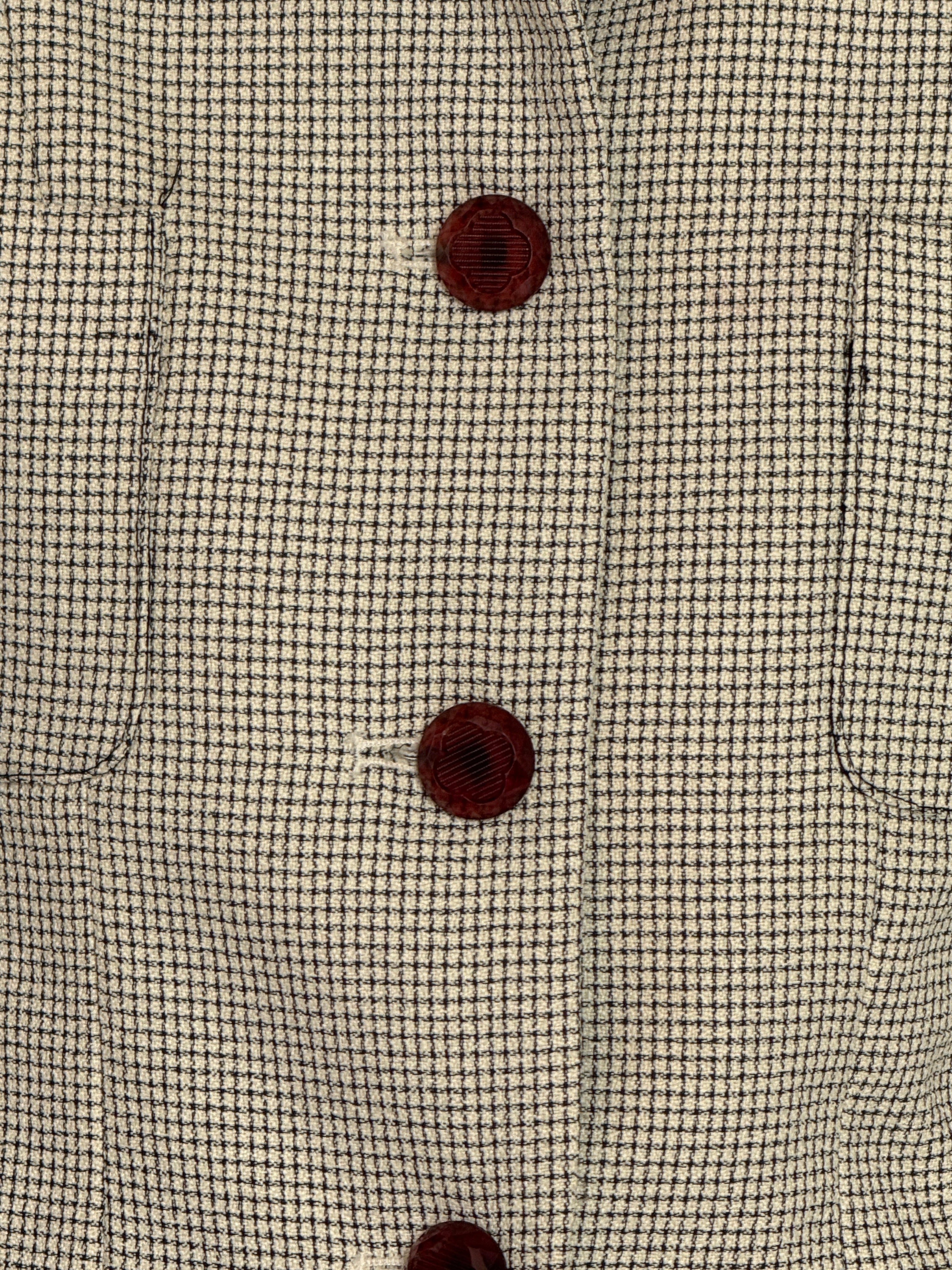 Vintage cream and black micro-check blazer brown button detail close-up
