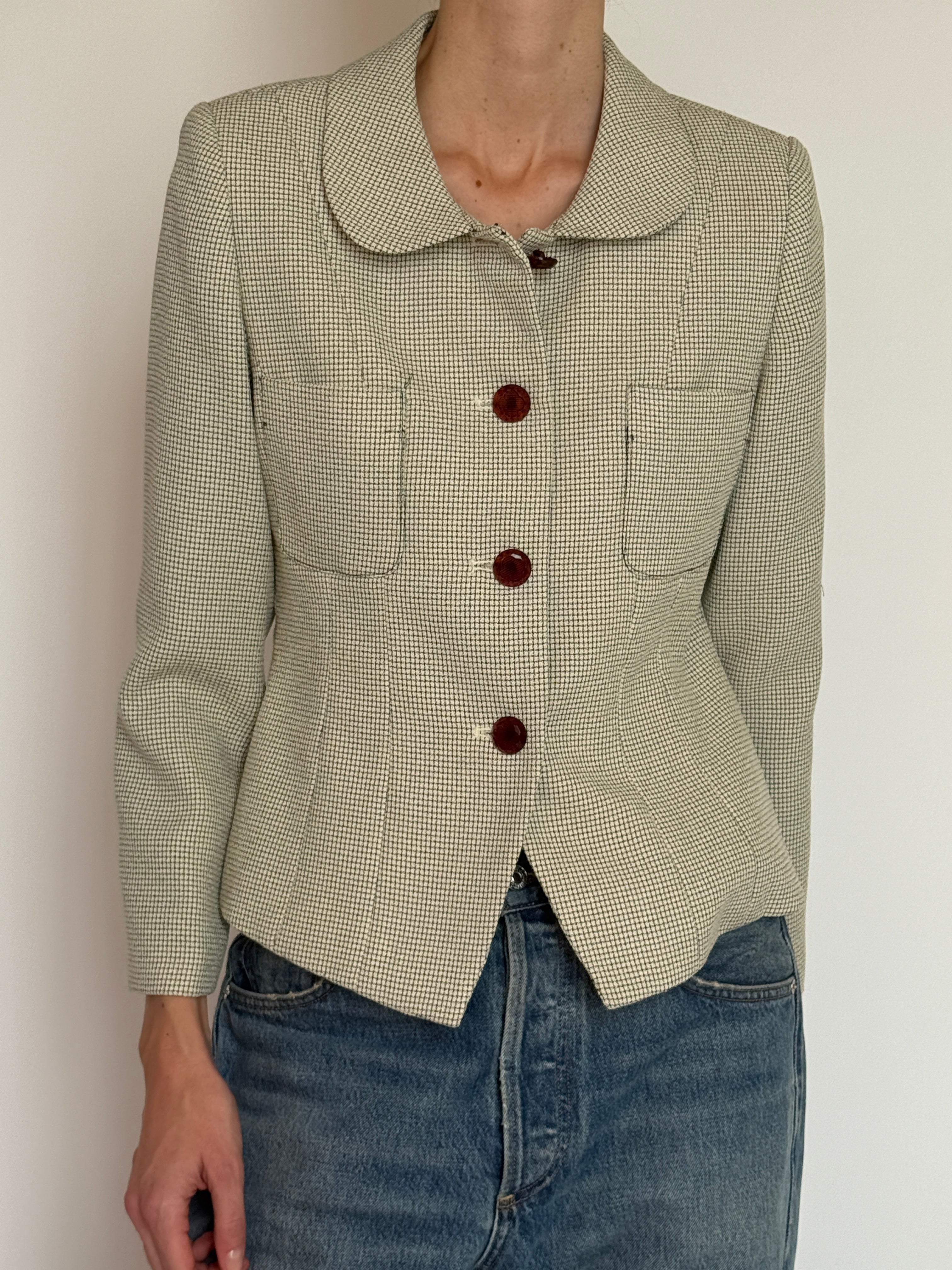 Vintage cream and black micro-check blazer side view structured silhouette