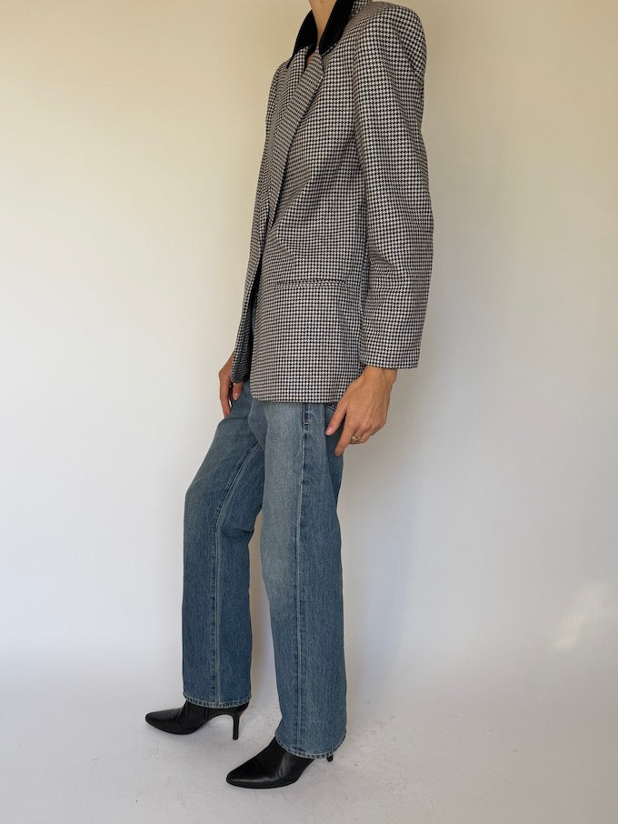 Vintage Houndstooth Blazer with Velvet Collar 6617