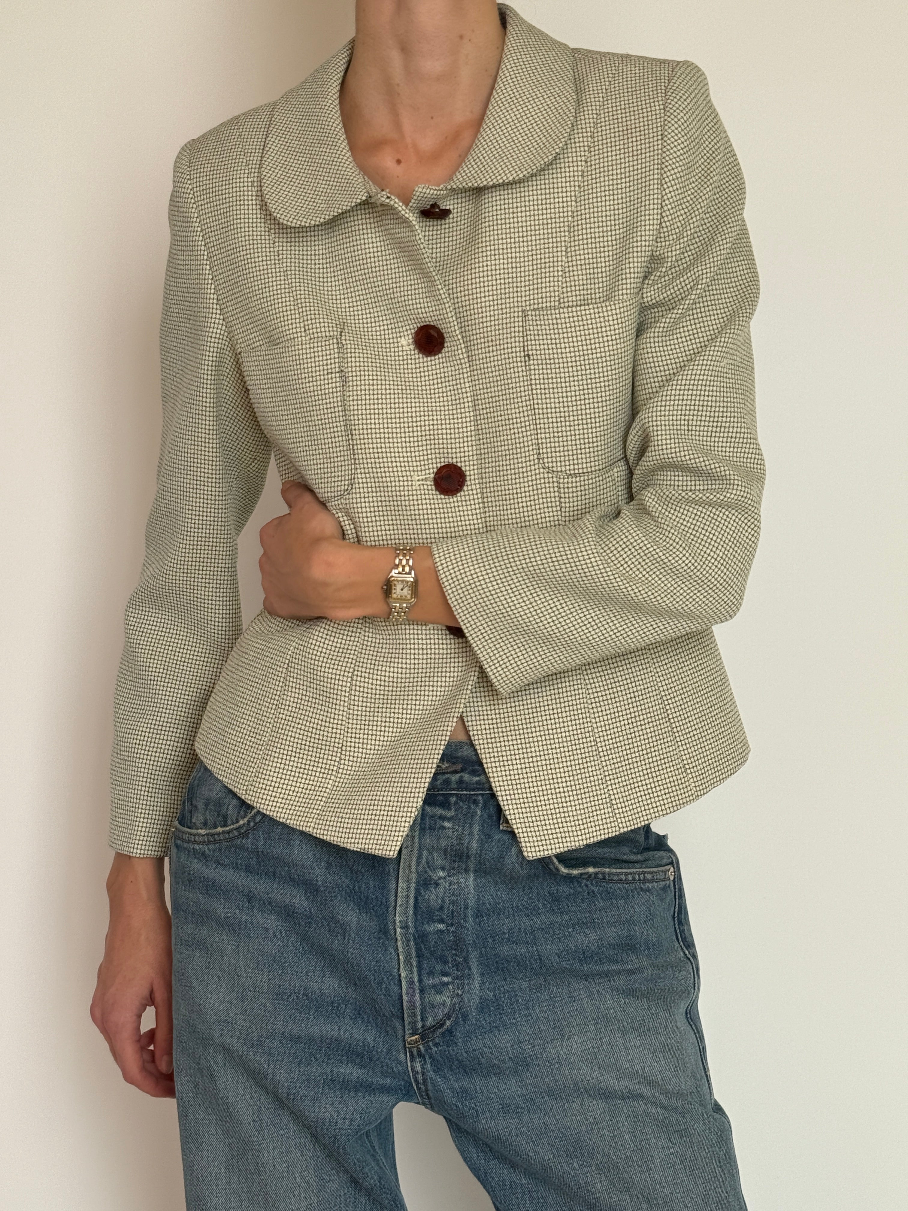 Vintage cream and black micro-check blazer brown button detail close-up