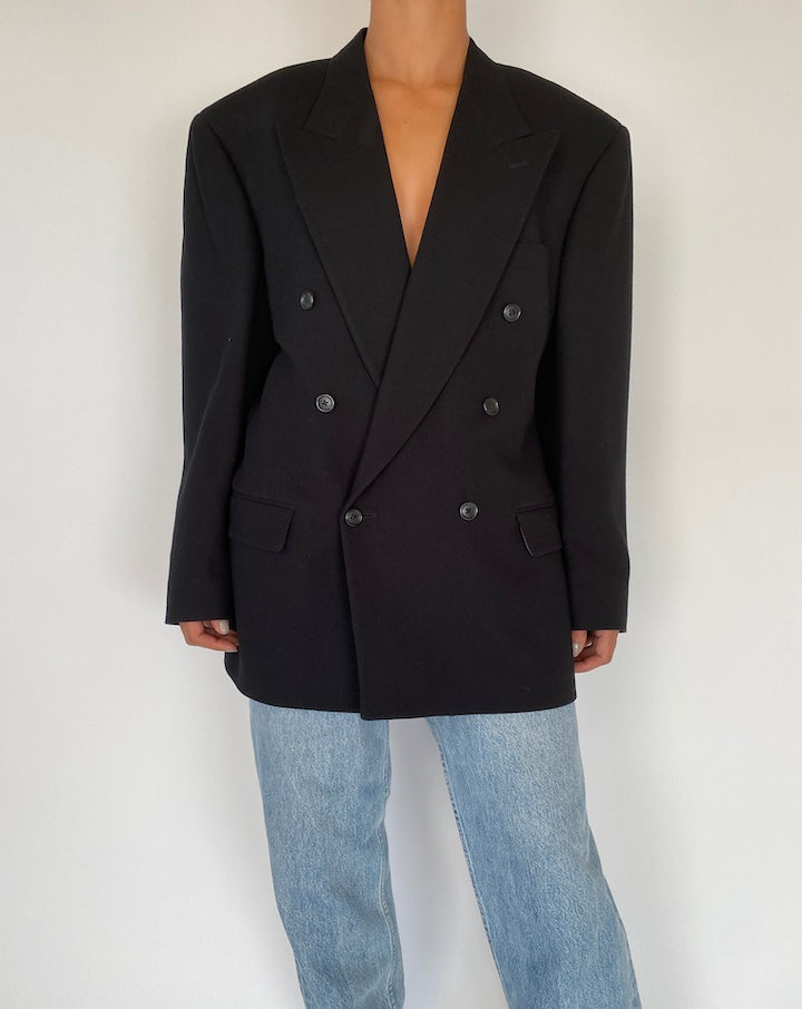 VINTAGE BLACK DOUBLE BREASTED WOOL BLAZER 2276