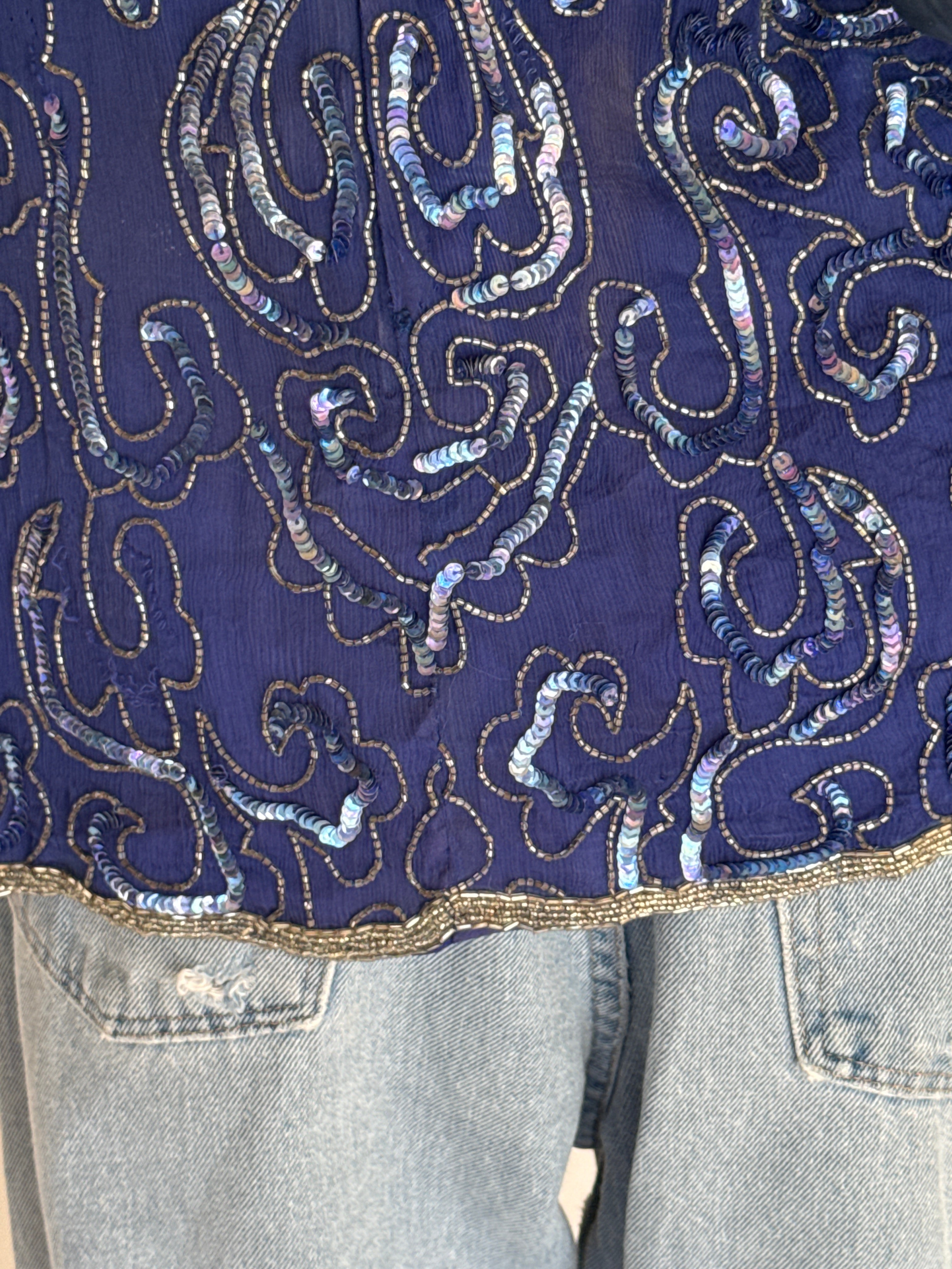 Vintage navy beaded sequin evening top bead embroidery detail