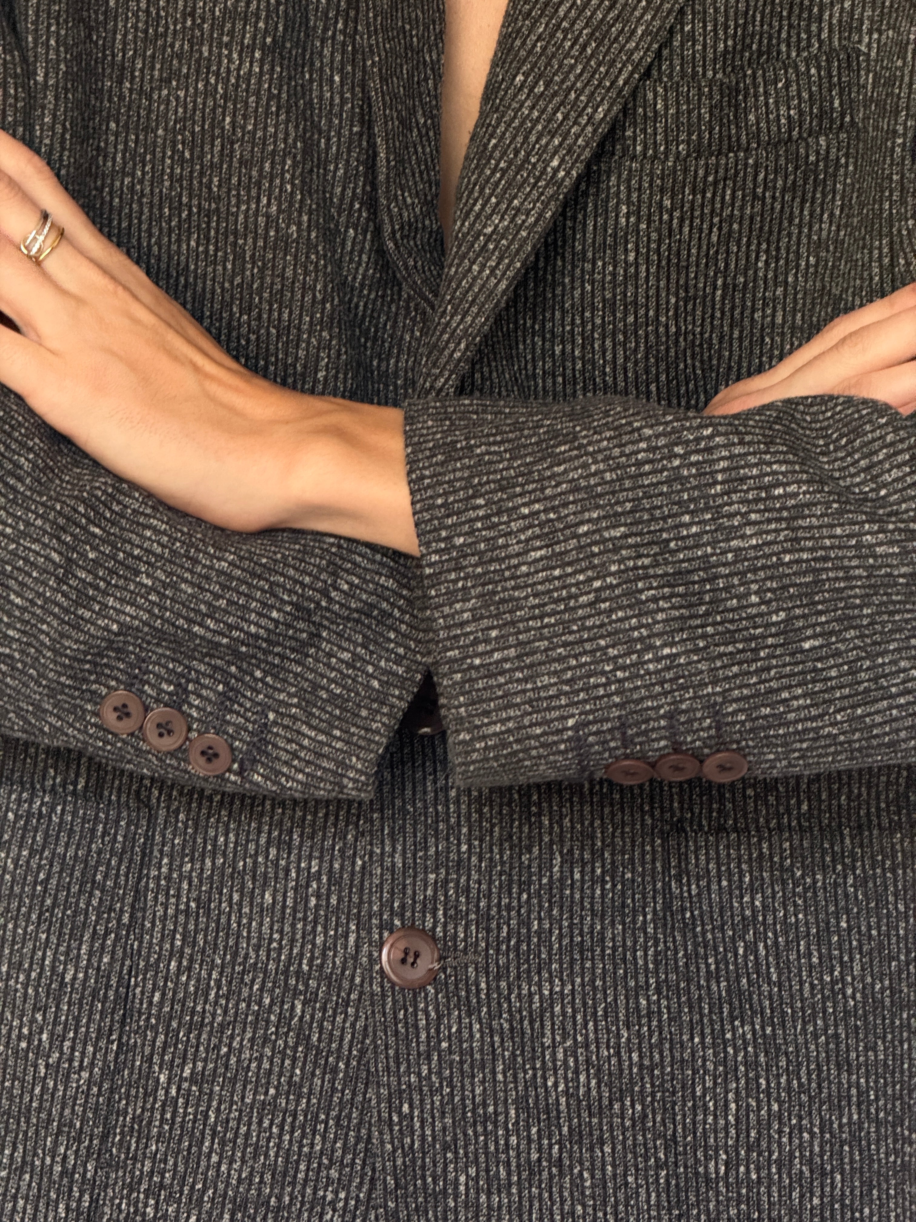 Vintage charcoal pinstripe blazer detail view